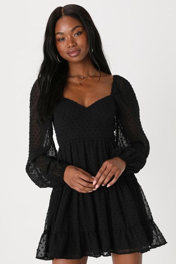 Longing And Love Black Swiss Dot Puff Long Sleeve Mini Dress Product Image