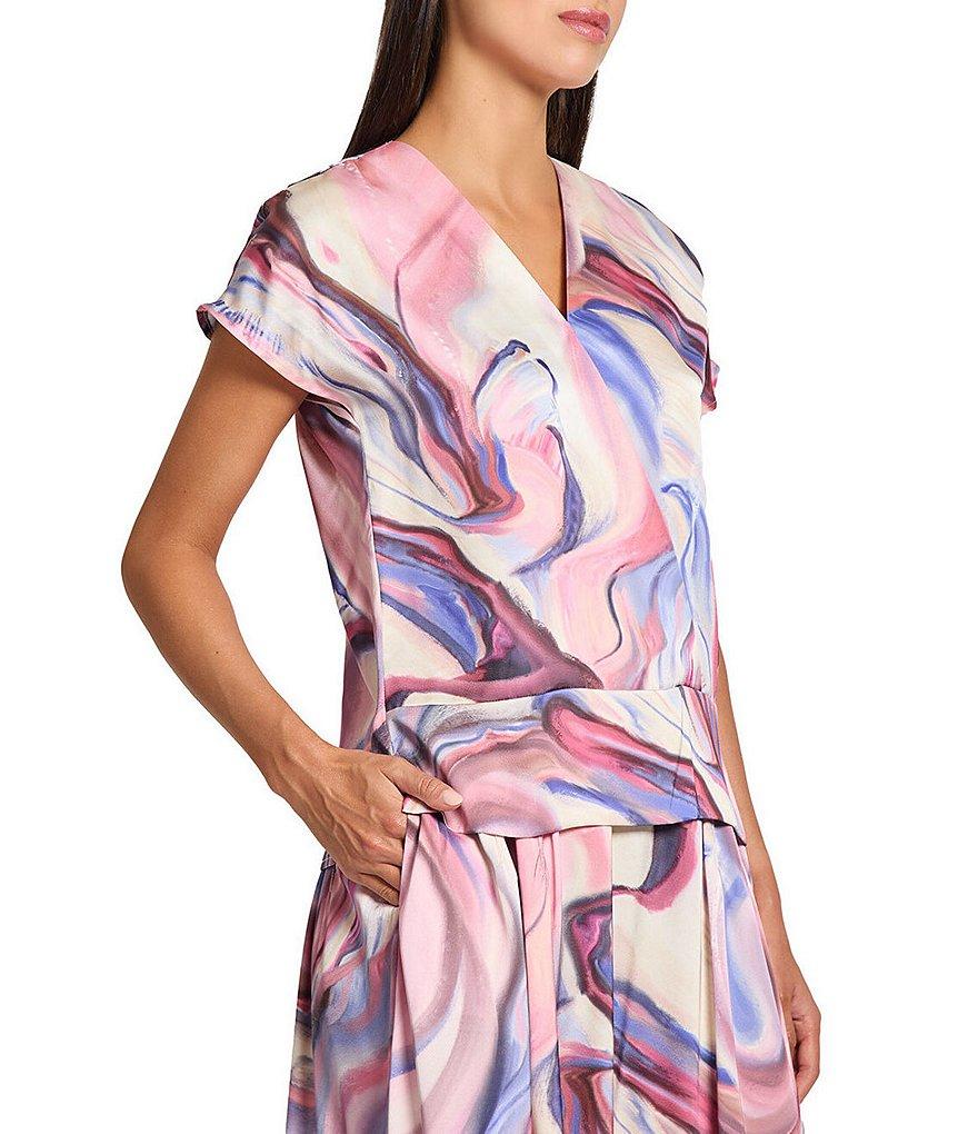 MISOOK Crepe De Shine Watercolor V-Neck Short Sleeve Blouse Product Image