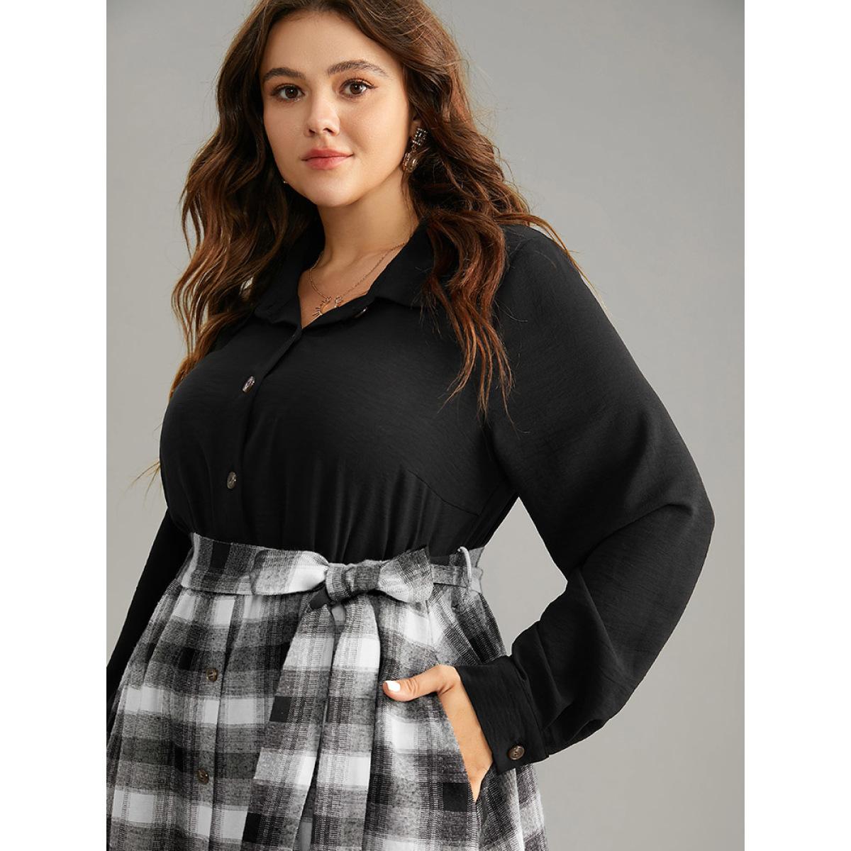 Plus Size Plaid Patchwork Button Through Belted Dress Black Women Office Belted Shirt collar Long Sleeve Curvy Midi Dress BloomChic 30/6X Product Image