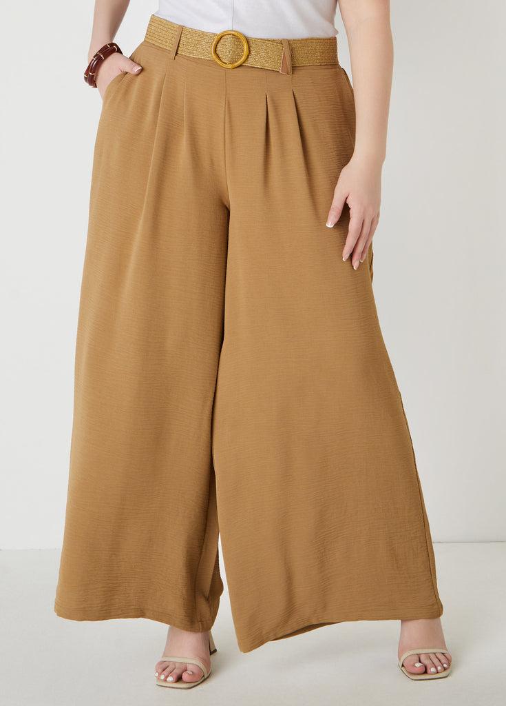 Belted Textured Wide Leg Pants Product Image