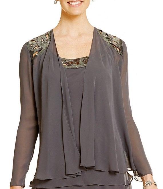 Ignite Evenings Sequin Detail Scoop Neck Long Sleeve Chiffon Tiered 2-Piece Jacket Dress Product Image