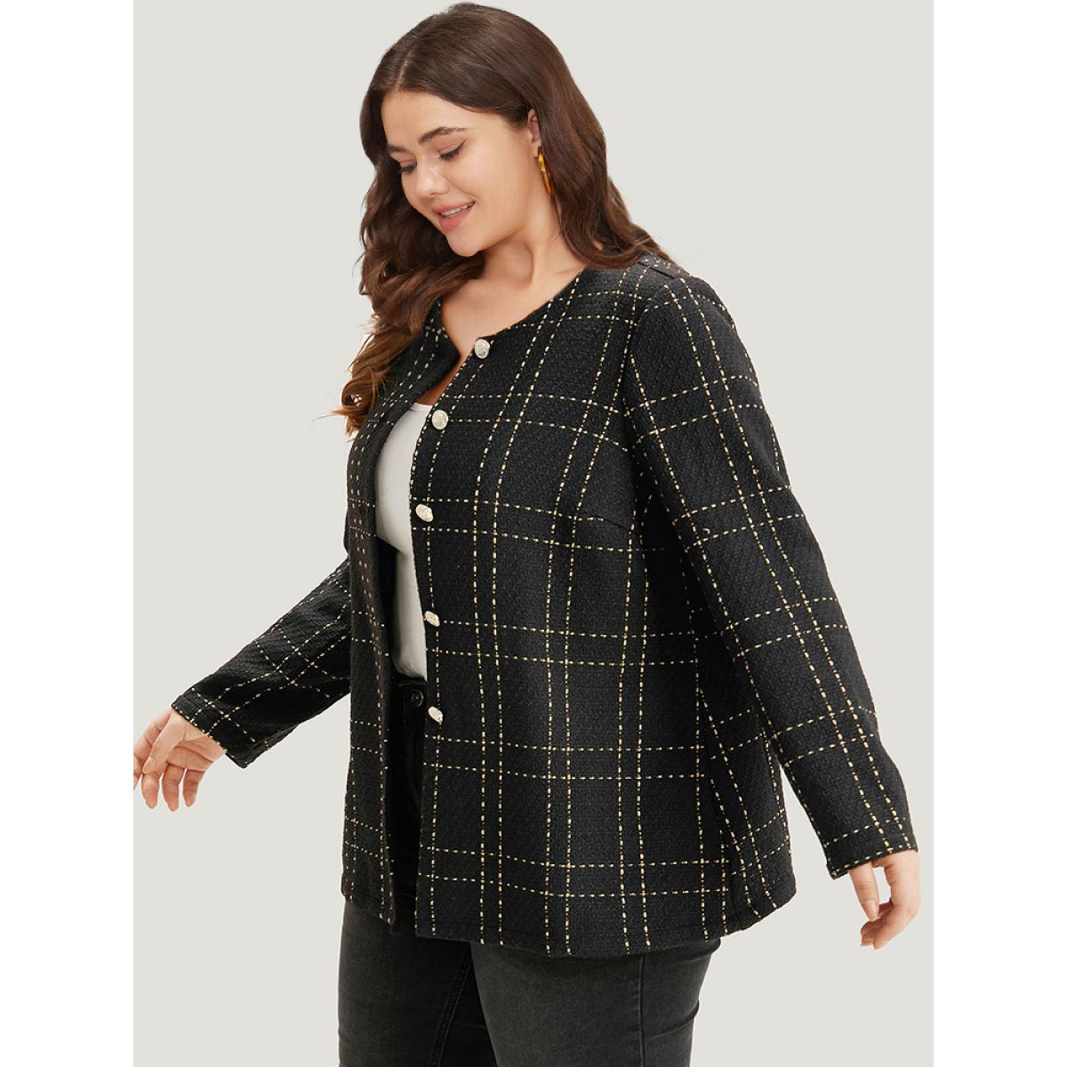 Plus Size Plaid Pattern Button Up Crew Neck Coat Women Black Casual Texture Ladies Dailywear Winter Coats BloomChic 14-16/1X Product Image