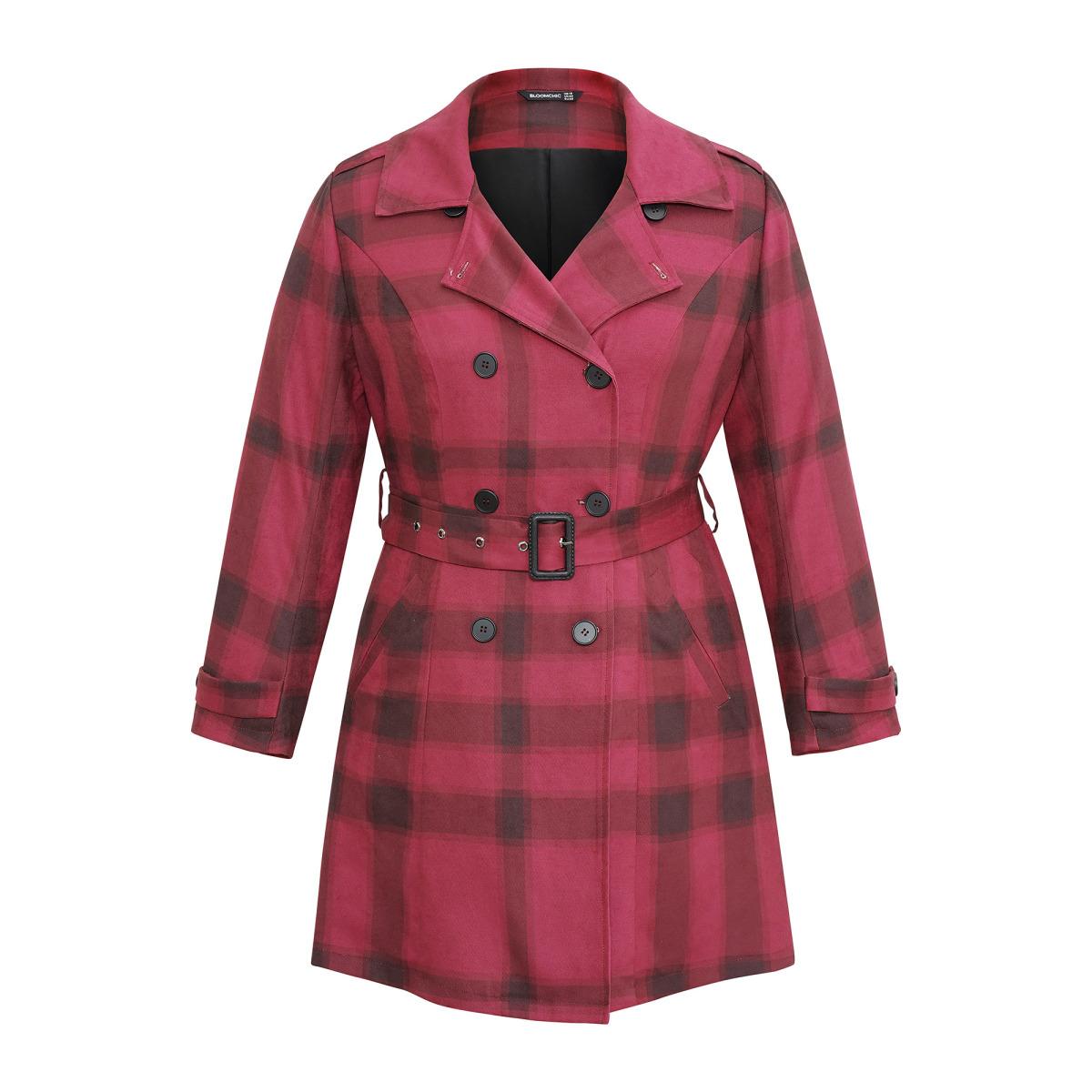 Plus Size Lapel Collar Plaid Belted Double Breasted Coat Women Scarlet Elegant Lined Ladies Dailywear Winter Coats BloomChic 10/M Product Image
