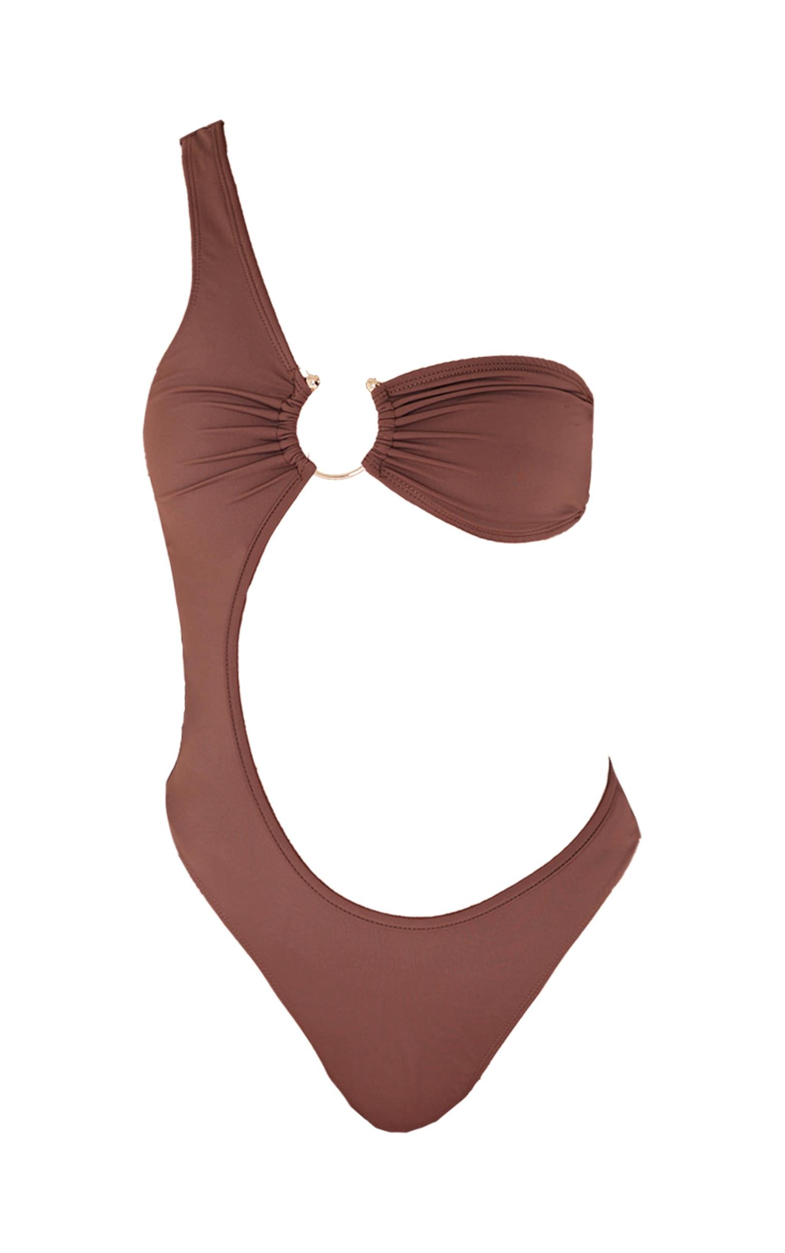 Chocolate Cut Out Trim One Shoulder Swimsuit Product Image