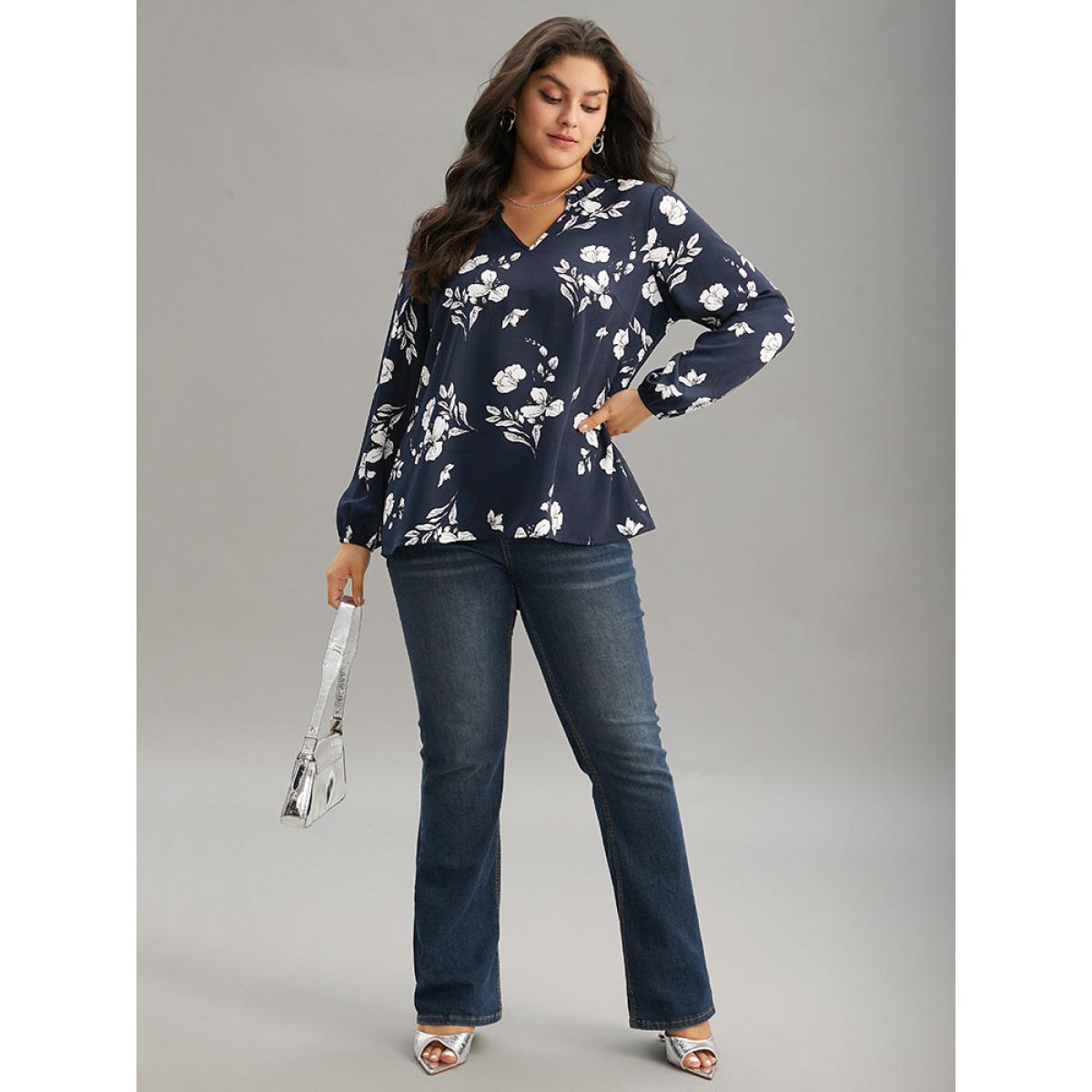 Plus Size Indigo Silhouette Floral Print Ruffles Lantern Sleeve Blouse Women Elegant Long Sleeve V-neck Vacation Blouses BloomChic 14-16/1X Product Image
