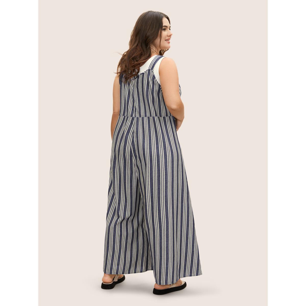 Plus Size DarkBlue Cotton Striped Patched Pocket Loose Jumpsuit Women Casual Sleeveless Non Everyday Loose Jumpsuits BloomChic 18-20/2X Product Image