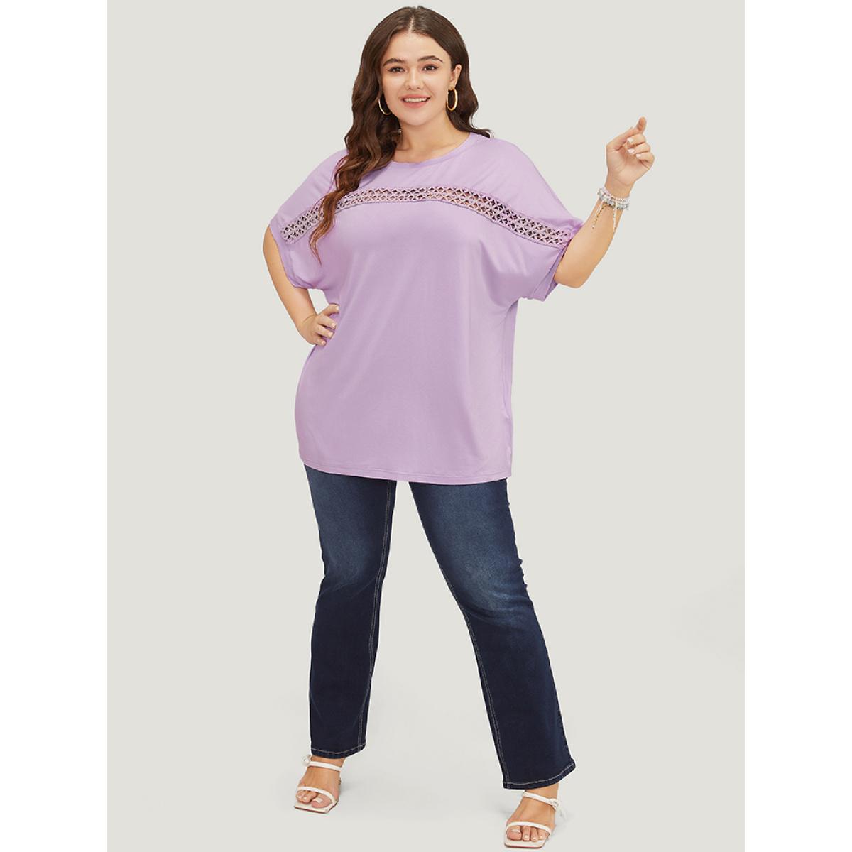 Plus Size Solid Batwing Sleeve Eyelet Lace T-shirt Lilac Women Elegant Lace Plain Round Neck Dailywear T-shirts BloomChic 22-24/3X Product Image