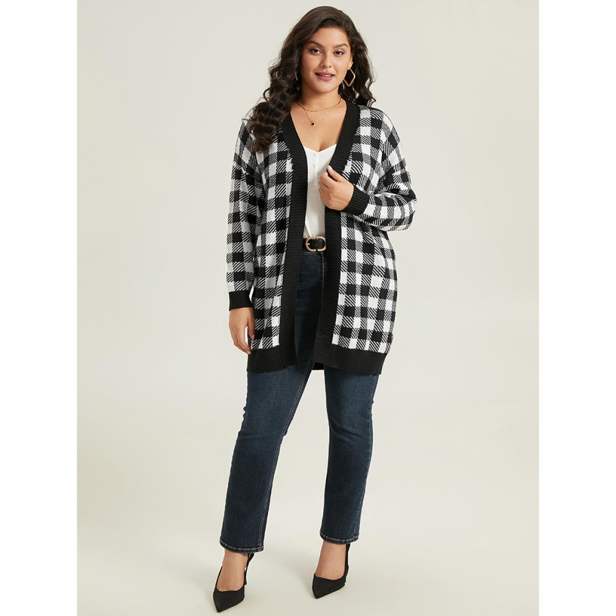 Plus Size Supersoft Essentials Plaid Elastic Cuffs Cardigan Black Women Casual Loose Long Sleeve Dailywear Cardigans BloomChic 22-24/3X Product Image