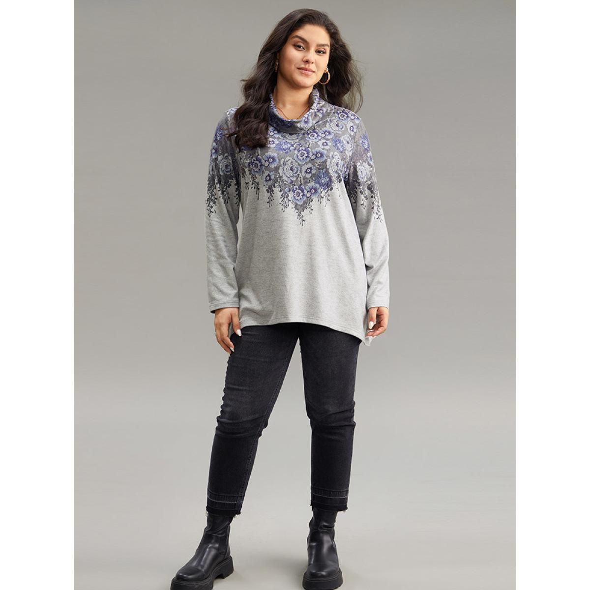 Plus Size Boho Print Mock Neck T-shirt Gray Women Casual Plain Floral Mock Neck Dailywear T-shirts BloomChic 12/L Product Image