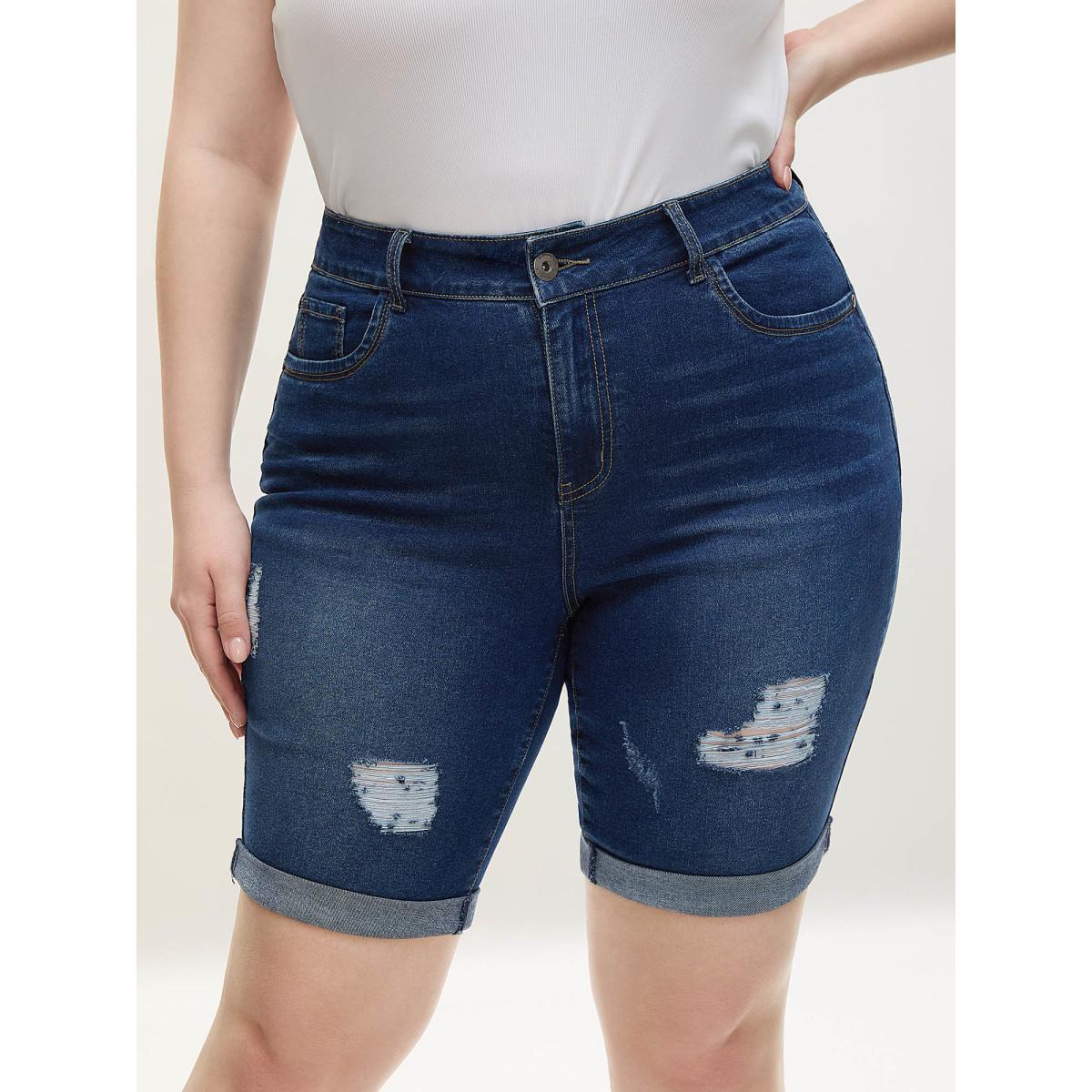 Plus Size Ripped Straight-Leg Denim Shorts Women Denimindigo High stretch Casual Slanted pocket Leisure Denim Shorts BloomChic 22/3X Product Image