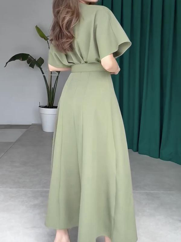 Loose Raglan Sleeve Pleated Split-Front Split-Joint Tied Waist Round-Neck Maxi Dresses Product Image