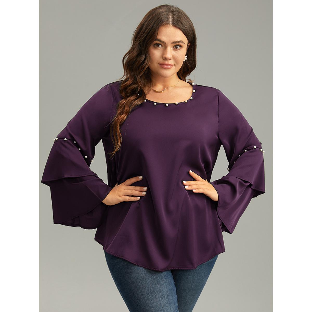 Plus Size Purple Anti-Wrinkle Pearl Beaded Ruffle Layered Sleeve Blouse Women Glamour Long Sleeve Round Neck Going out Blouses BloomChic 30/6X Product Image