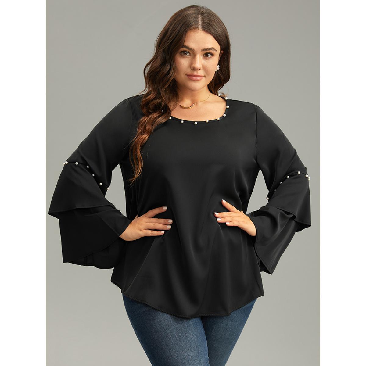 Plus Size Cyan Anti-Wrinkle Pearl Beaded Ruffle Layered Sleeve Blouse Women Glamour Long Sleeve Round Neck Going out Blouses BloomChic 10/M Product Image