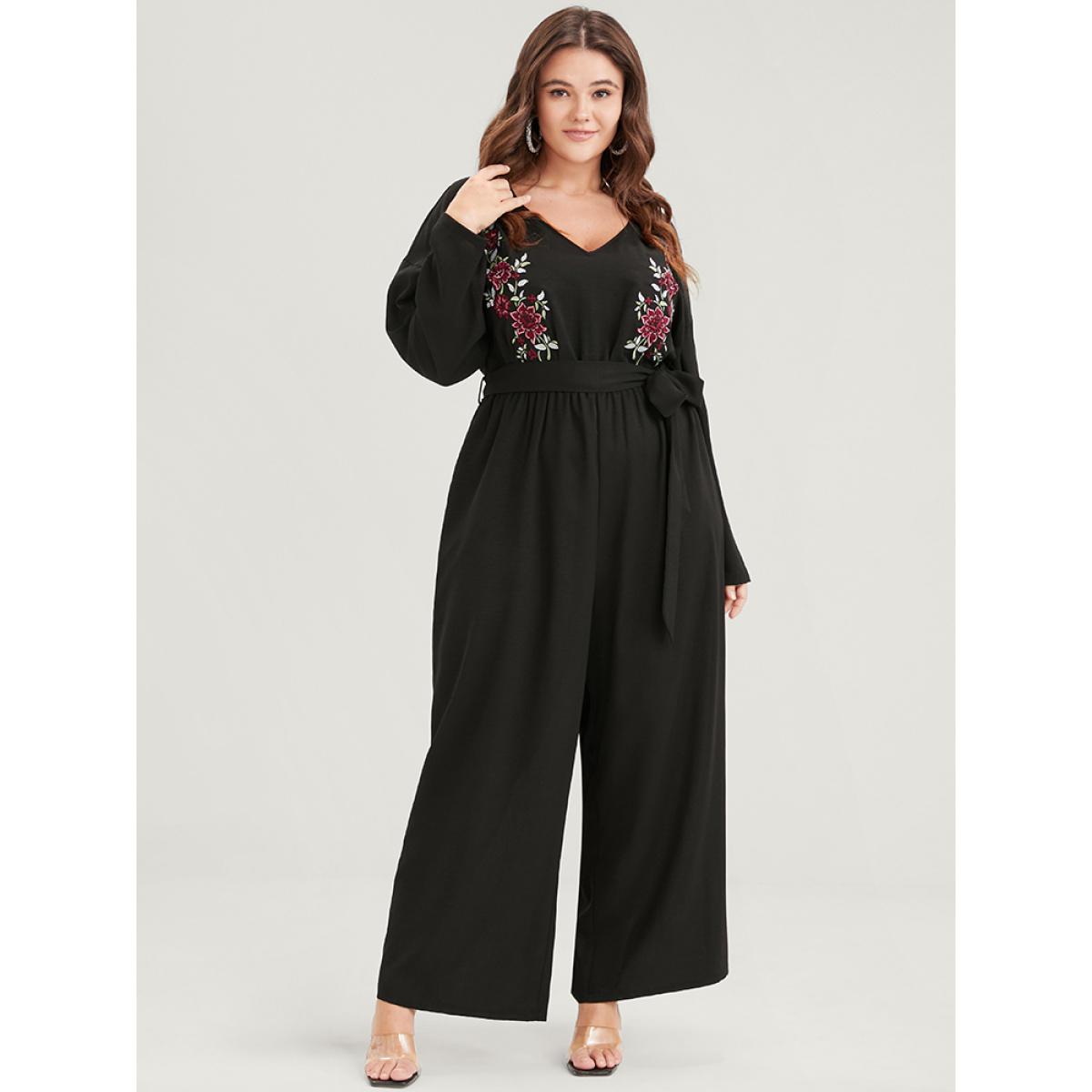 Plus Size Black Solid Embroidered Pocket Belted Jumpsuit Women Elegant Long Sleeve V-neck Dailywear Loose Jumpsuits BloomChic 14-16/1X Product Image