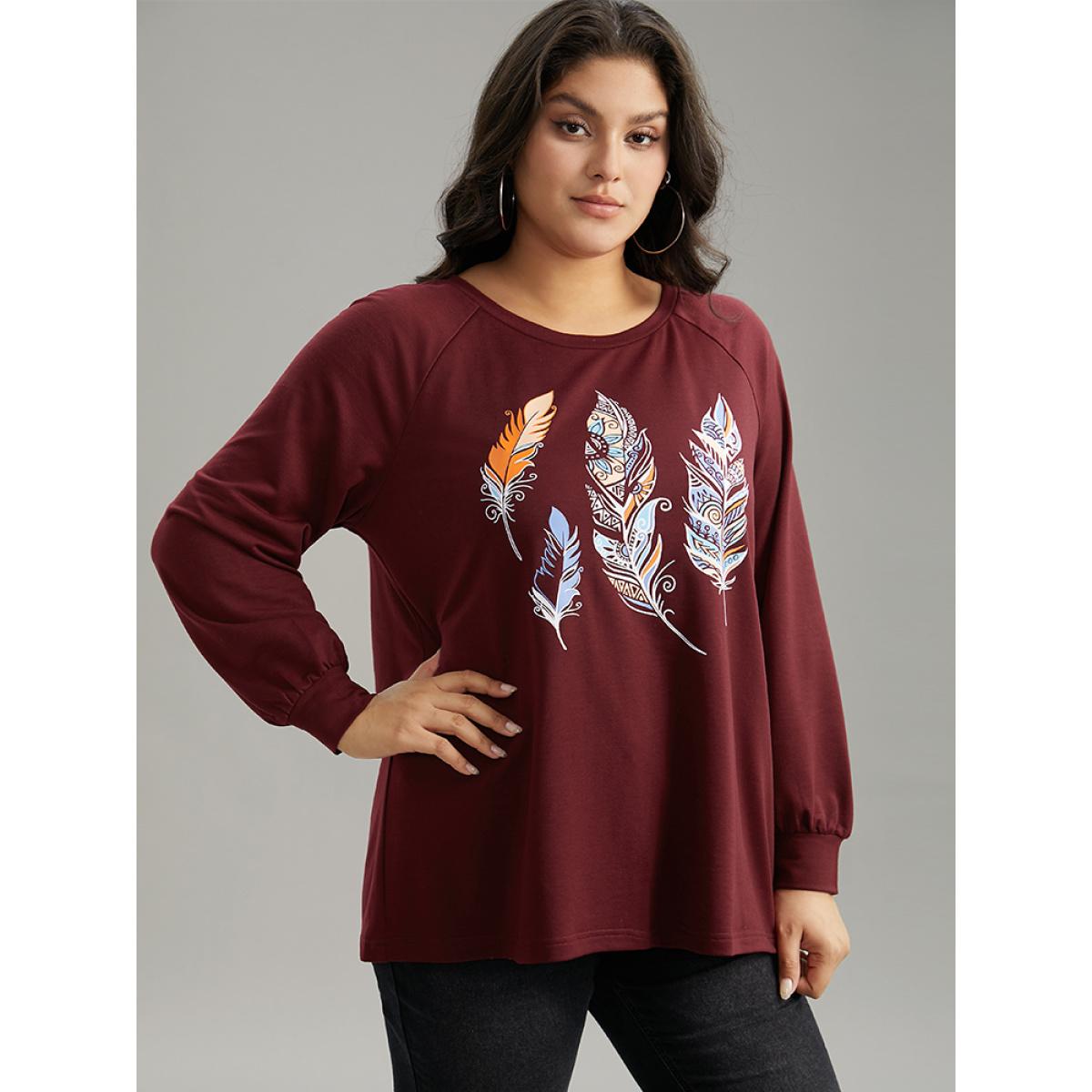 Plus Size Feather Print Crew Neck Raglan Sleeve Sweatshirt Women Scarlet Casual Printed Dailywear Sweatshirts BloomChic 30/6X Product Image