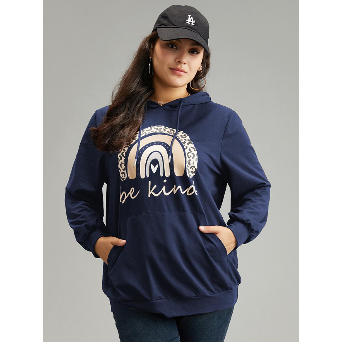 Plus Size Rainbow Print Hooded Pocket Drawstring Sweatshirt Women DarkBlue Casual Elastic cuffs Dailywear Sweatshirts BloomChic 10/M Product Image