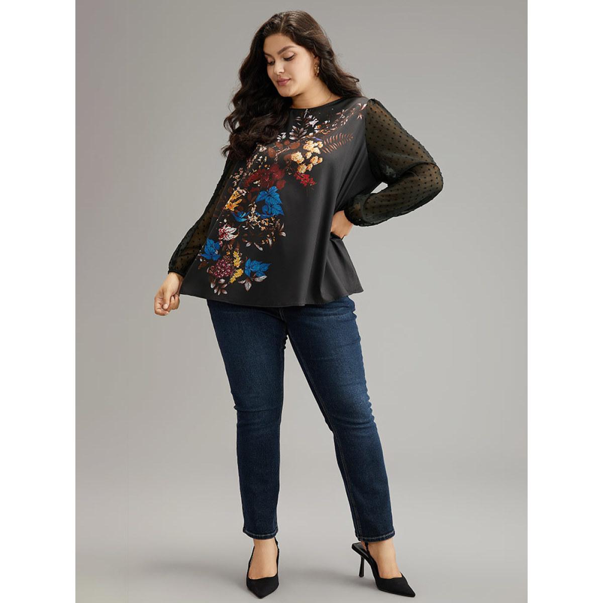 Plus Size Black Boho Print Patchwork Mesh Lantern Sleeve Blouse Women Elegant Long Sleeve Round Neck Dailywear Blouses BloomChic 18-20/2X Product Image