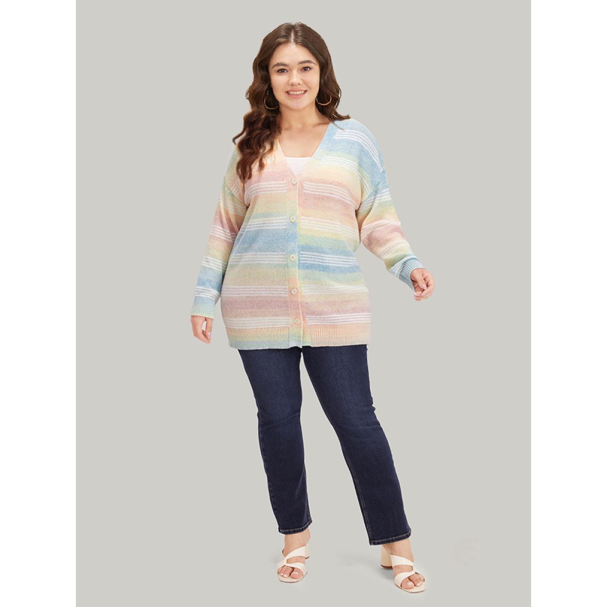 Plus Size Rainbow Ombre Elastic Cuffs Button Up Cardigan Multicolor Women Casual Loose Long Sleeve Everyday Cardigans BloomChic 26/4X Product Image