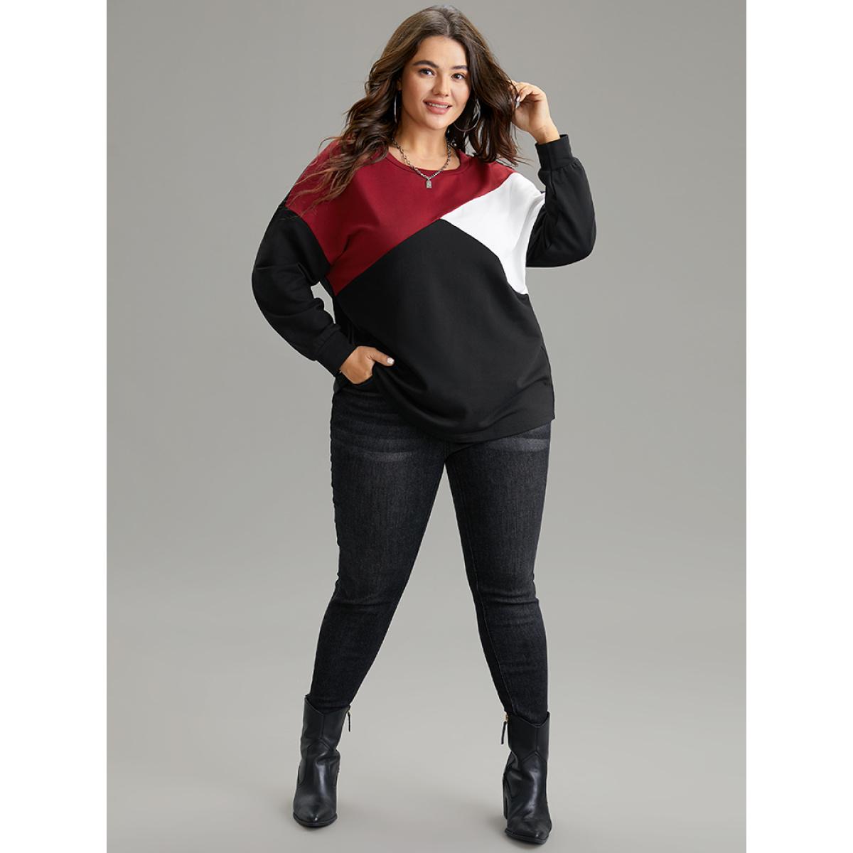 Plus Size Colorblock Contrast Round Neck Drop Shoulder Sweatshirt Women Black Casual Contrast Round Neck Dailywear Sweatshirts BloomChic 26/4X Product Image