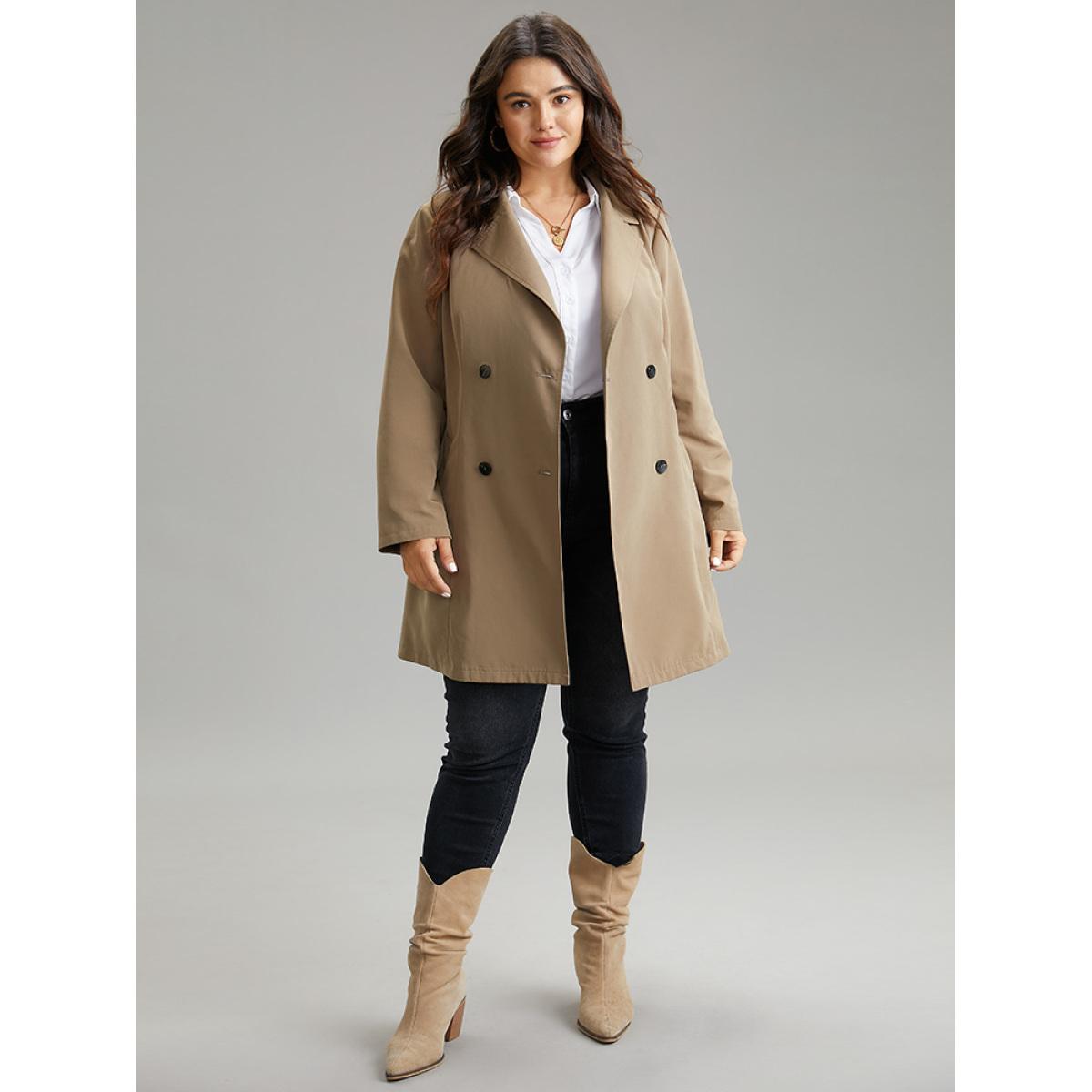 Plus Size Plain Double Breasted Belted Lapel Collar Coat Women LightBrown Casual Plain Ladies Dailywear Winter Coats BloomChic 28/5X Product Image