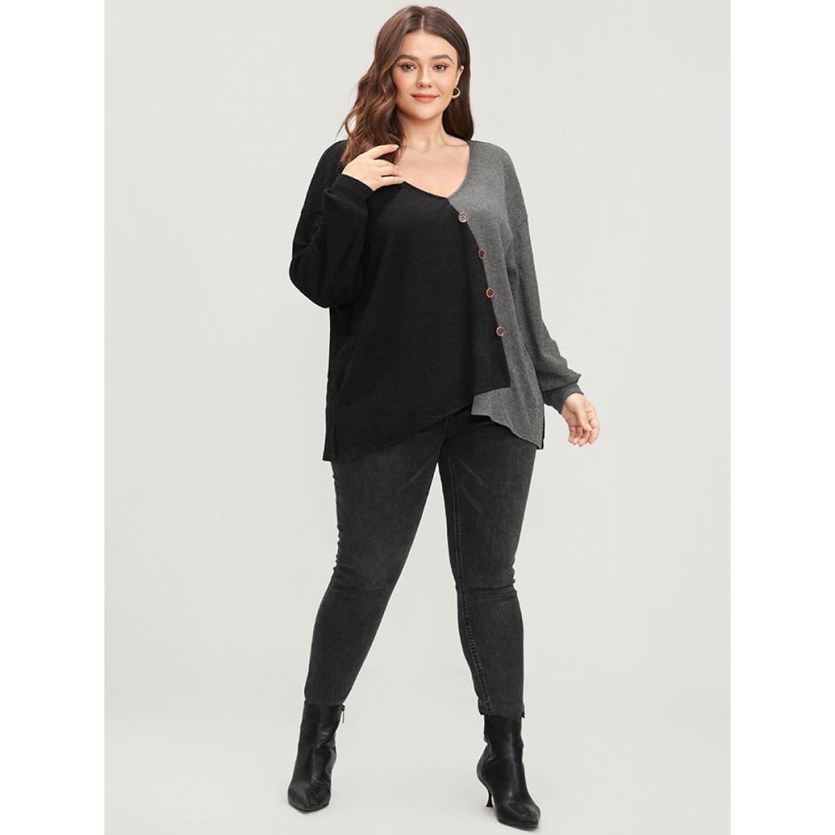 Plus Size Colorblock Contrast Button Detail Rib Knit Sweatshirt Women Black Elegant Patchwork V-neck Dailywear Sweatshirts BloomChic 18-20/2X Product Image