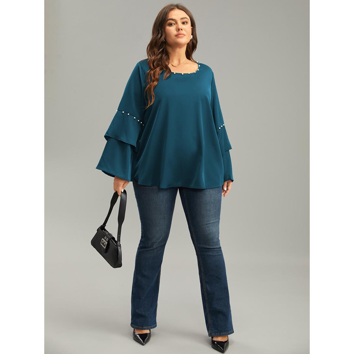 Plus Size Cyan Anti-Wrinkle Pearl Beaded Ruffle Layered Sleeve Blouse Women Glamour Long Sleeve Round Neck Going out Blouses BloomChic 28/5X Product Image