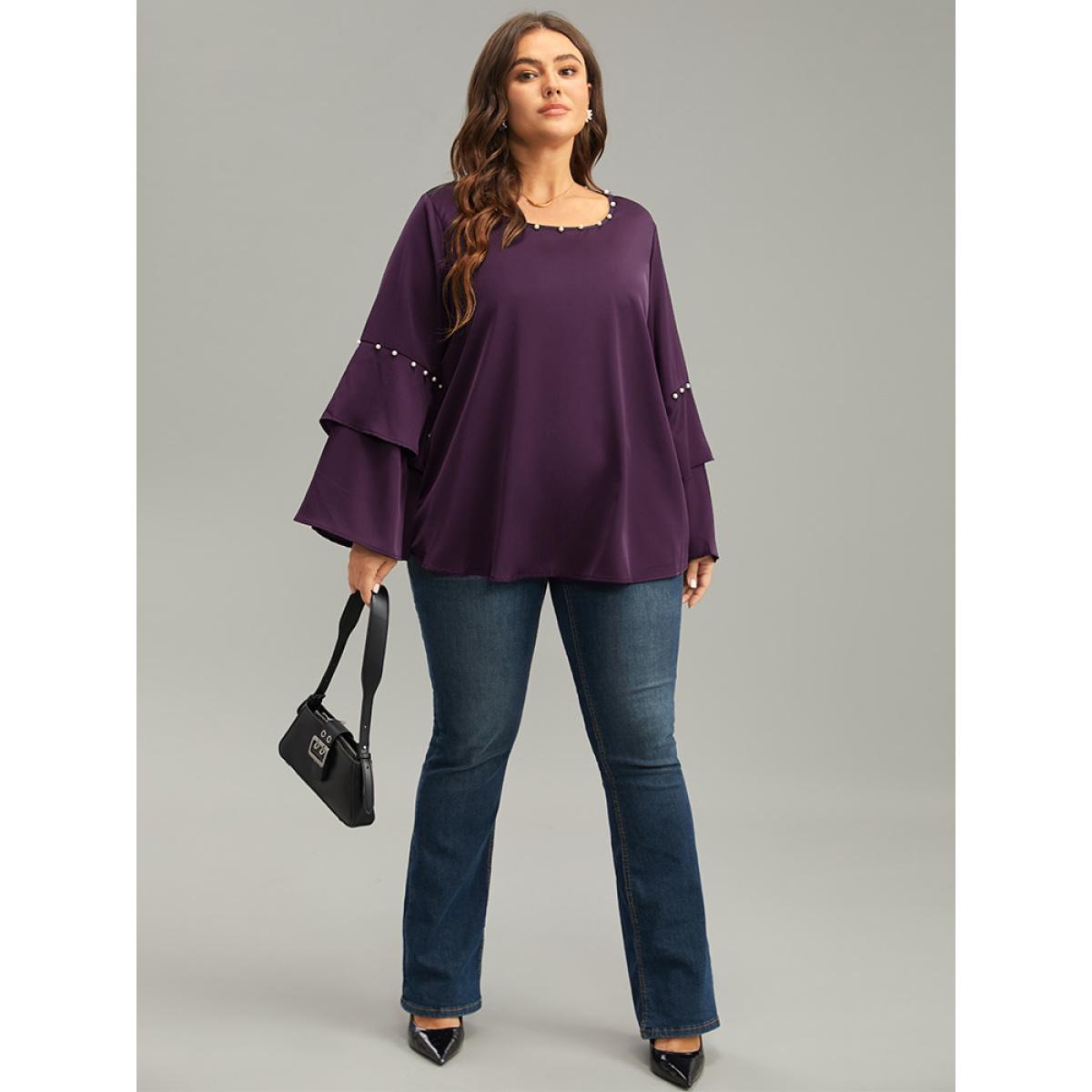 Plus Size Purple Anti-Wrinkle Pearl Beaded Ruffle Layered Sleeve Blouse Women Glamour Long Sleeve Round Neck Going out Blouses BloomChic 30/6X Product Image