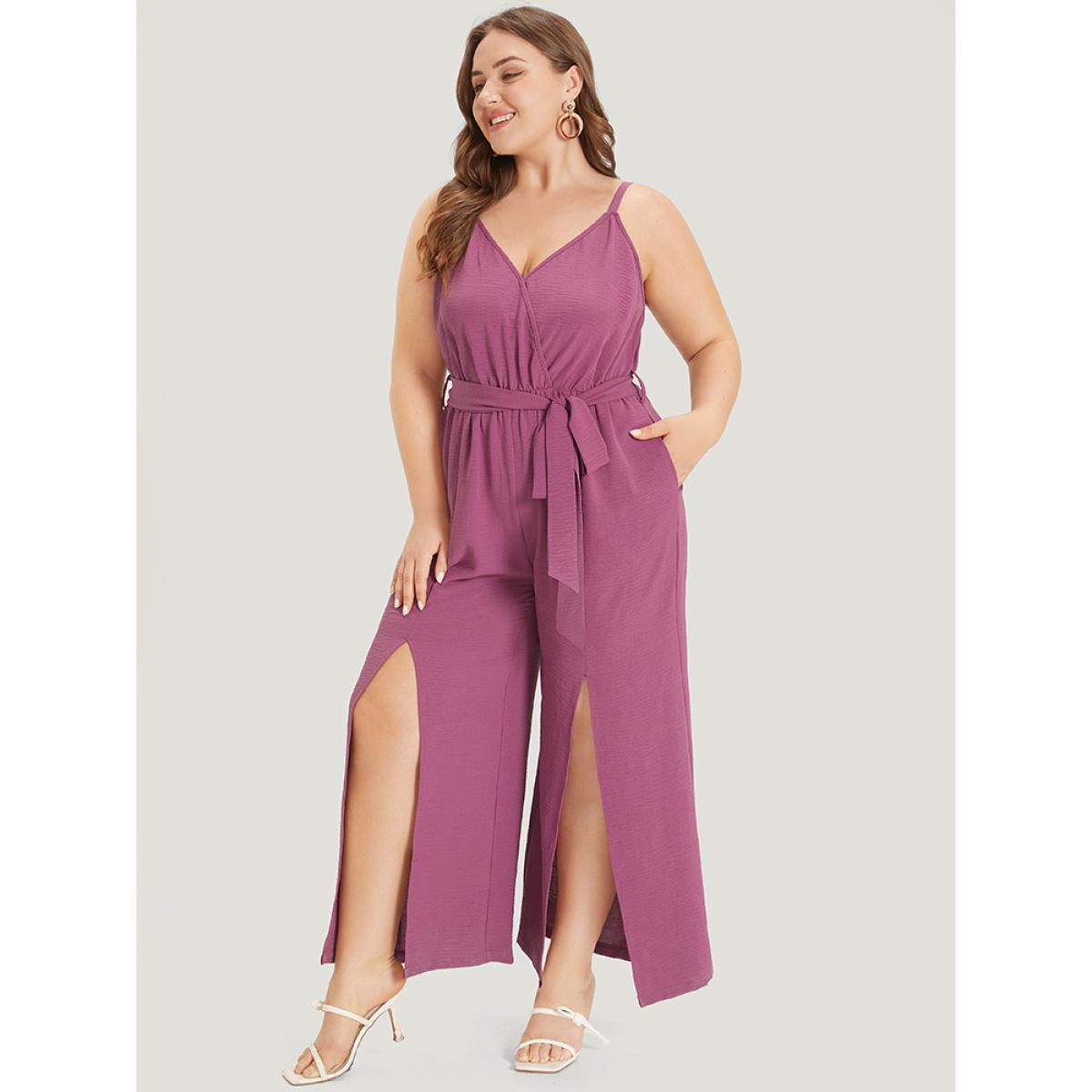 Plus Size RedViolet Plain Split Front Pocket Surplice Neck Belted Jumpsuit Women Elegant Sleeveless V-neck Dailywear Loose Jumpsuits BloomChic 10/M Product Image