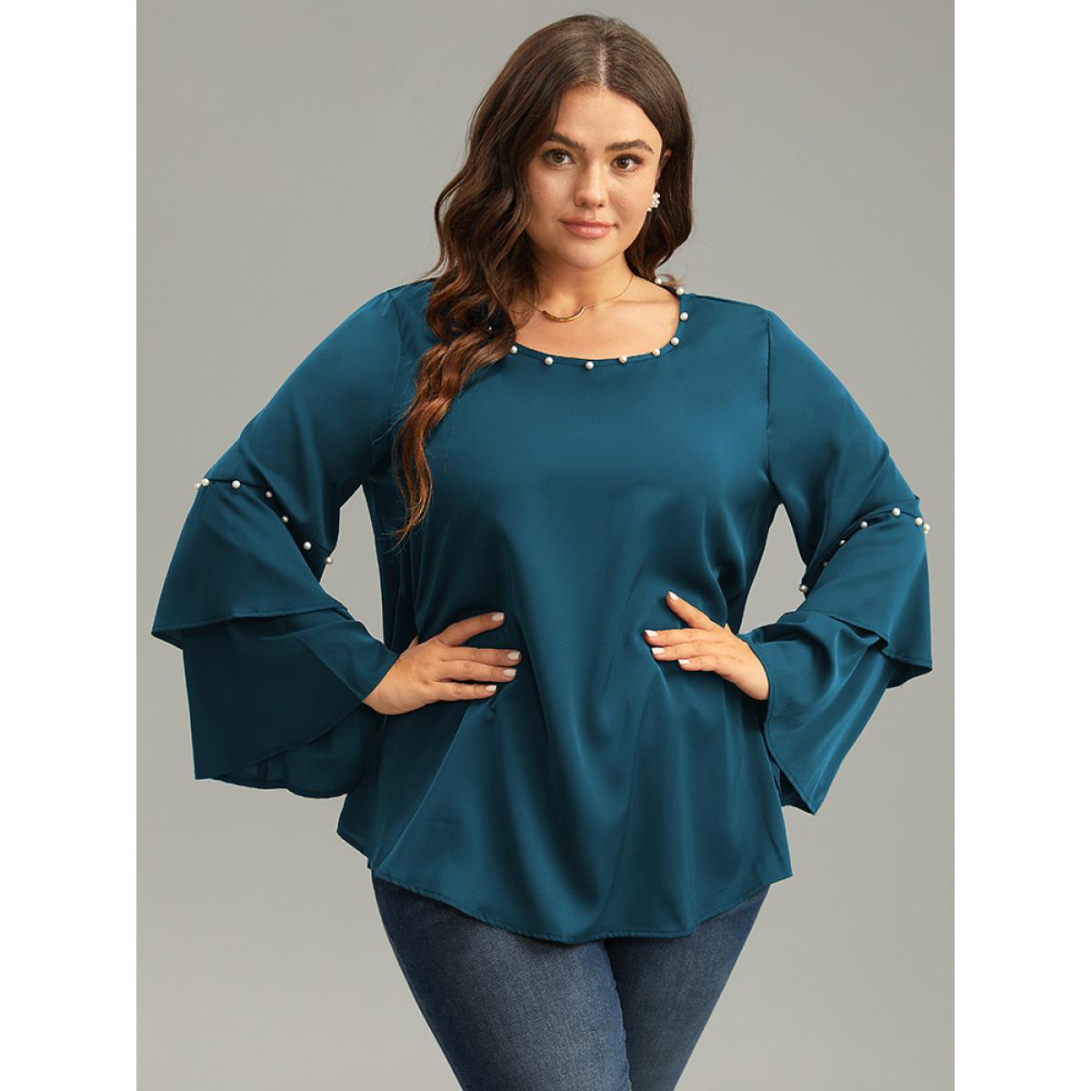 Plus Size Cyan Anti-Wrinkle Pearl Beaded Ruffle Layered Sleeve Blouse Women Glamour Long Sleeve Round Neck Going out Blouses BloomChic 28/5X Product Image