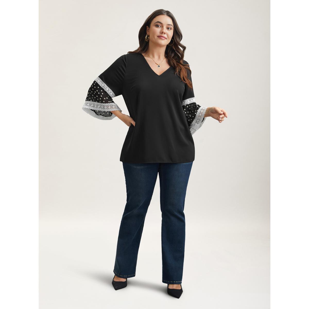 Plus Size Black Polka Dot Paneled V-Neck Flared Shirt Women Elegant Elbow-length sleeve V-neck Everyday Blouses BloomChic 10/M Product Image