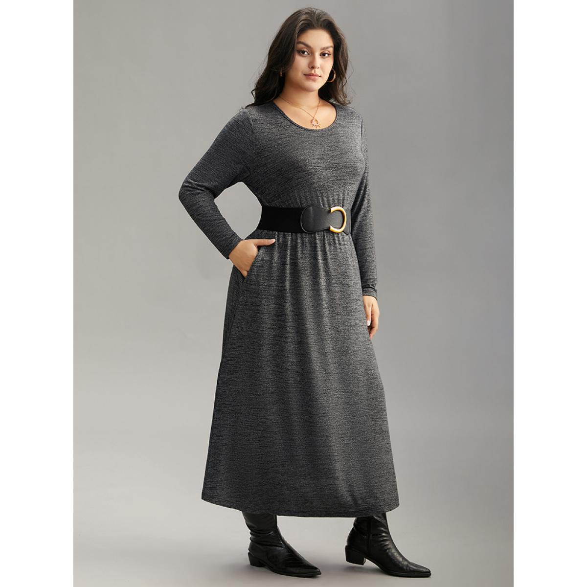 Plus Size Plain Heather Metal Buckle Detail Dress With Belt DimGray Women Casual Plain Round Neck Long Sleeve Curvy Midi Dress BloomChic 28/5X Product Image