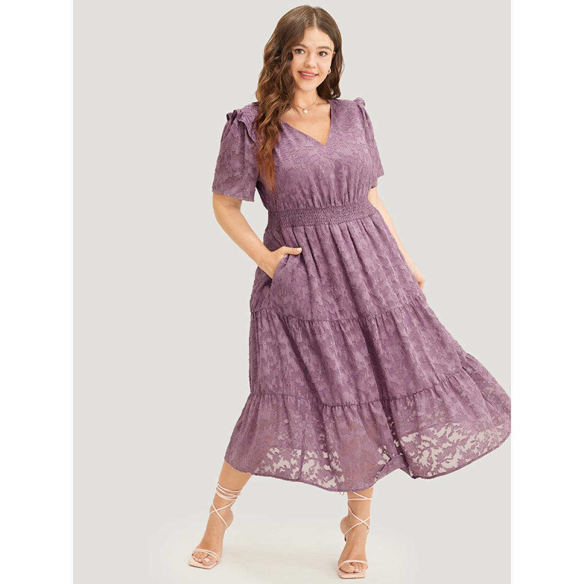 Plus Size Plain V Neck Pocket Shirred Ruffle Tiered Floral Dress Mauve Women Elegant Gathered V-neck Short sleeve Curvy Midi Dress BloomChic 10/M Product Image