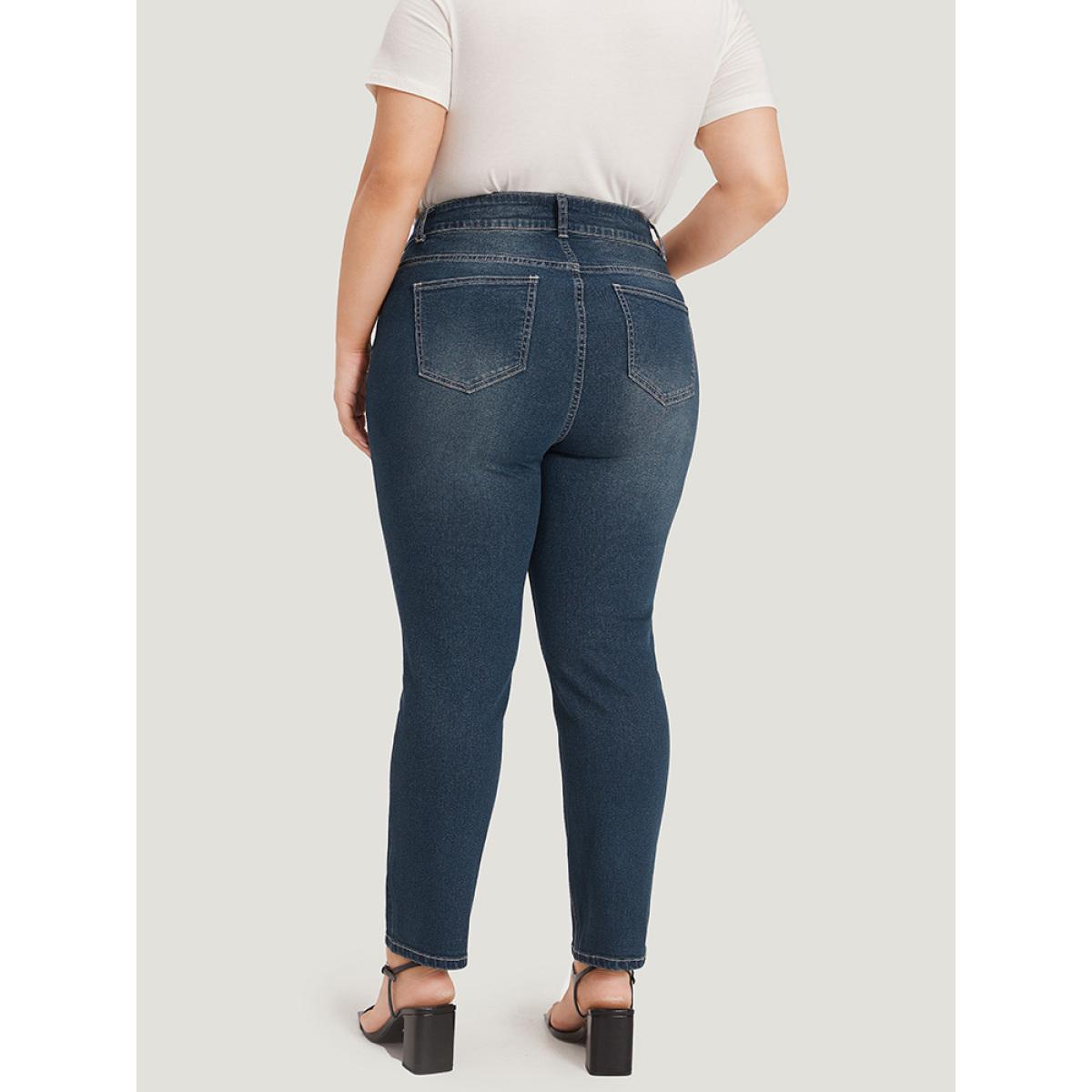 Plus Size Solid High Rise Pocket Dark Wash Jeans Women Midnight Casual Plain Plain High stretch Pocket Jeans BloomChic 22/3X Product Image