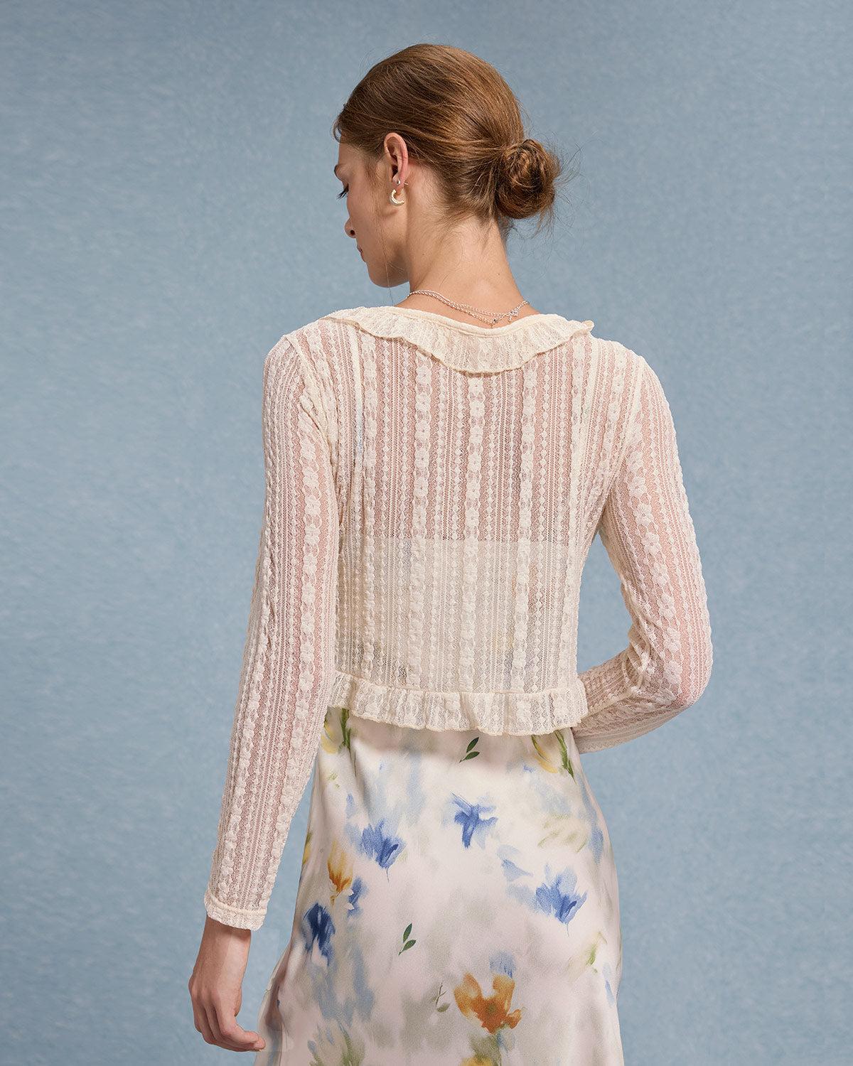 Beige V Neck Ruffle Cardigan Product Image