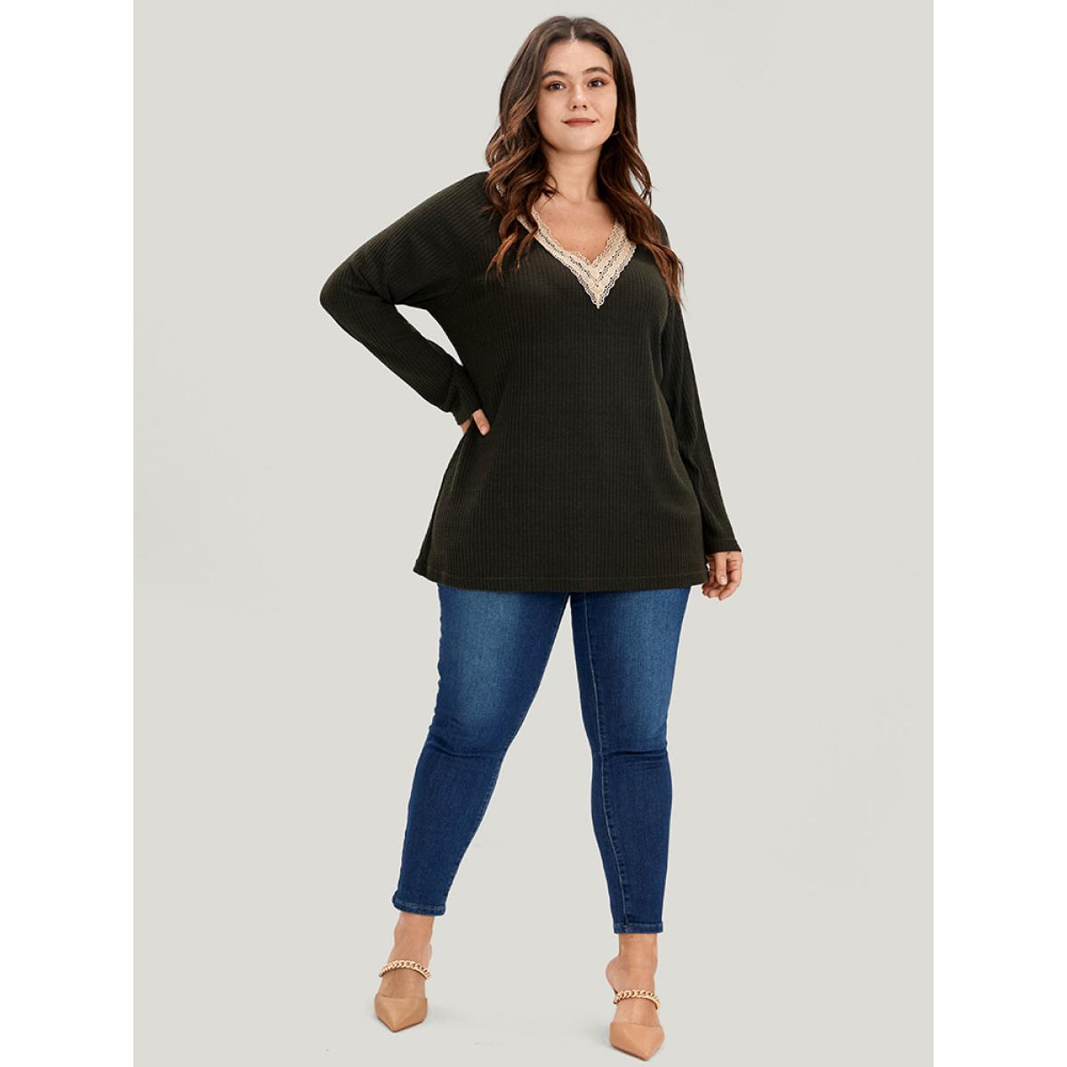 Plus Size Solid Contrast Lace V Neck Rib Knit Long Tee ArmyGreen Women Elegant Plain Plain V-neck Dailywear T-shirts BloomChic 26/4X Product Image
