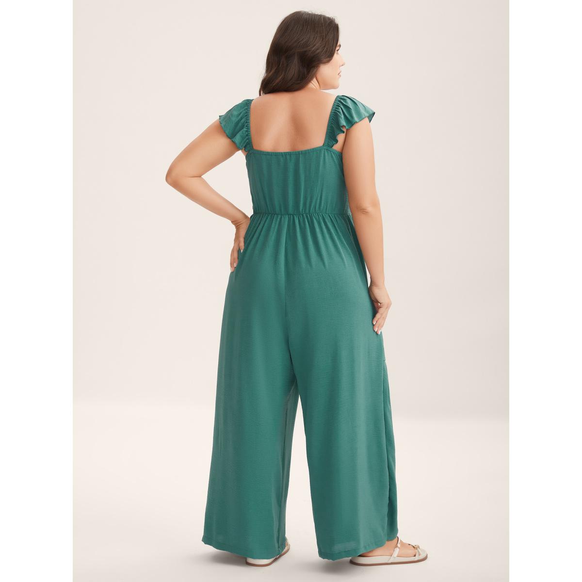 Plus Size Emerald Shirred Ruffles Pockets Plain Jumpsuit Women Sleeveless Non Everyday-Casual Loose Jumpsuits BloomChic 18-20/2X Product Image