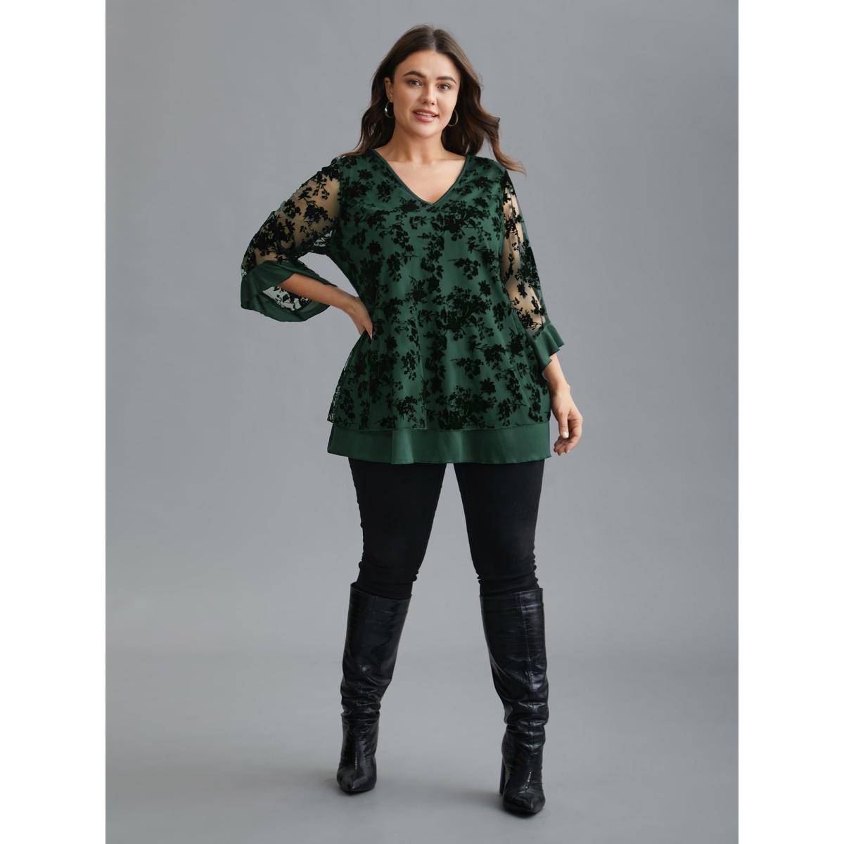 Plus Size DarkGreen Floral Flocking Mesh Asymmetrical Hem Blouse Women Elegant Three Quater Length Sleeve V-neck Everyday Blouses BloomChic 26/4X Product Image