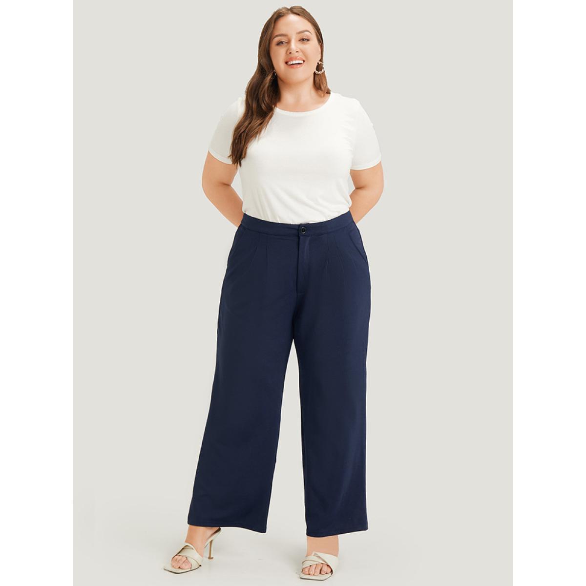 Plus Size Plain Pleated High Rise Pocket Pants Women Indigo Office High Rise Work Pants BloomChic 30/6X Product Image