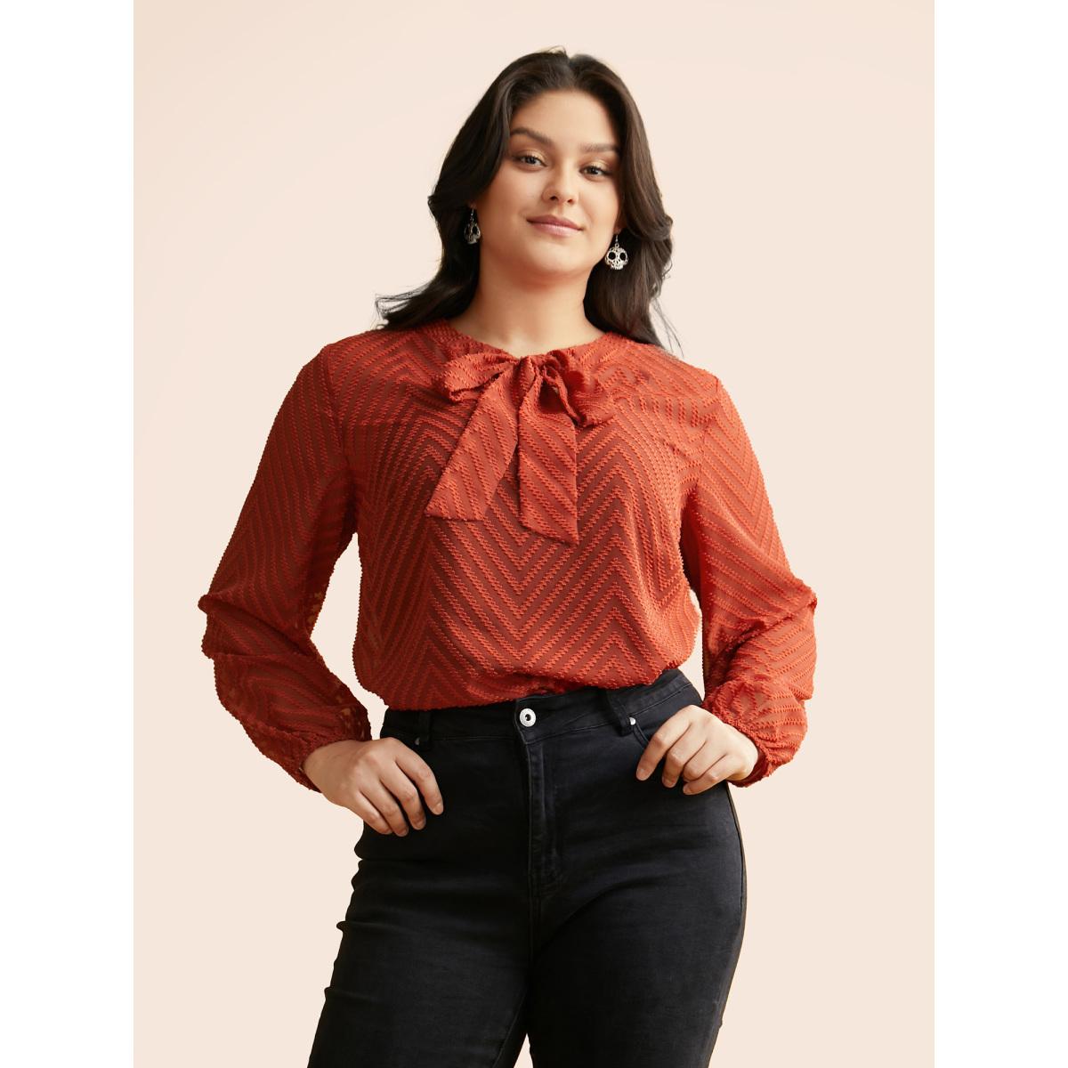 Plus Size Rust Wicked Neck Ribbon Lantern Sleeve Blouse Women Elegant Long Sleeve Ribbon-tied collar Everyday Blouses BloomChic 28/5X Product Image