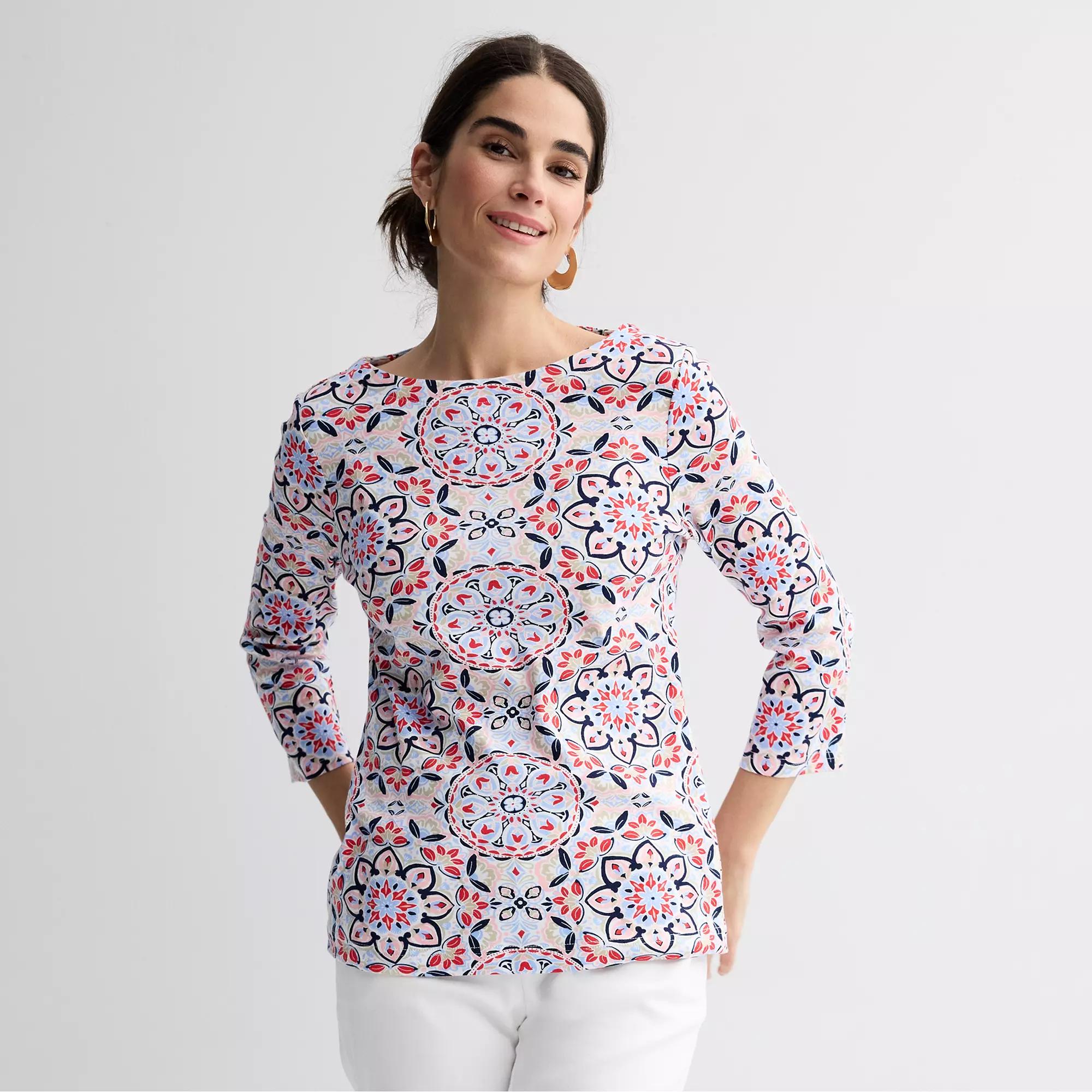 Petite Croft & Barrow® Boatneck Top, Women's, Size: Small Petite, Pink Fancy Medallion Product Image