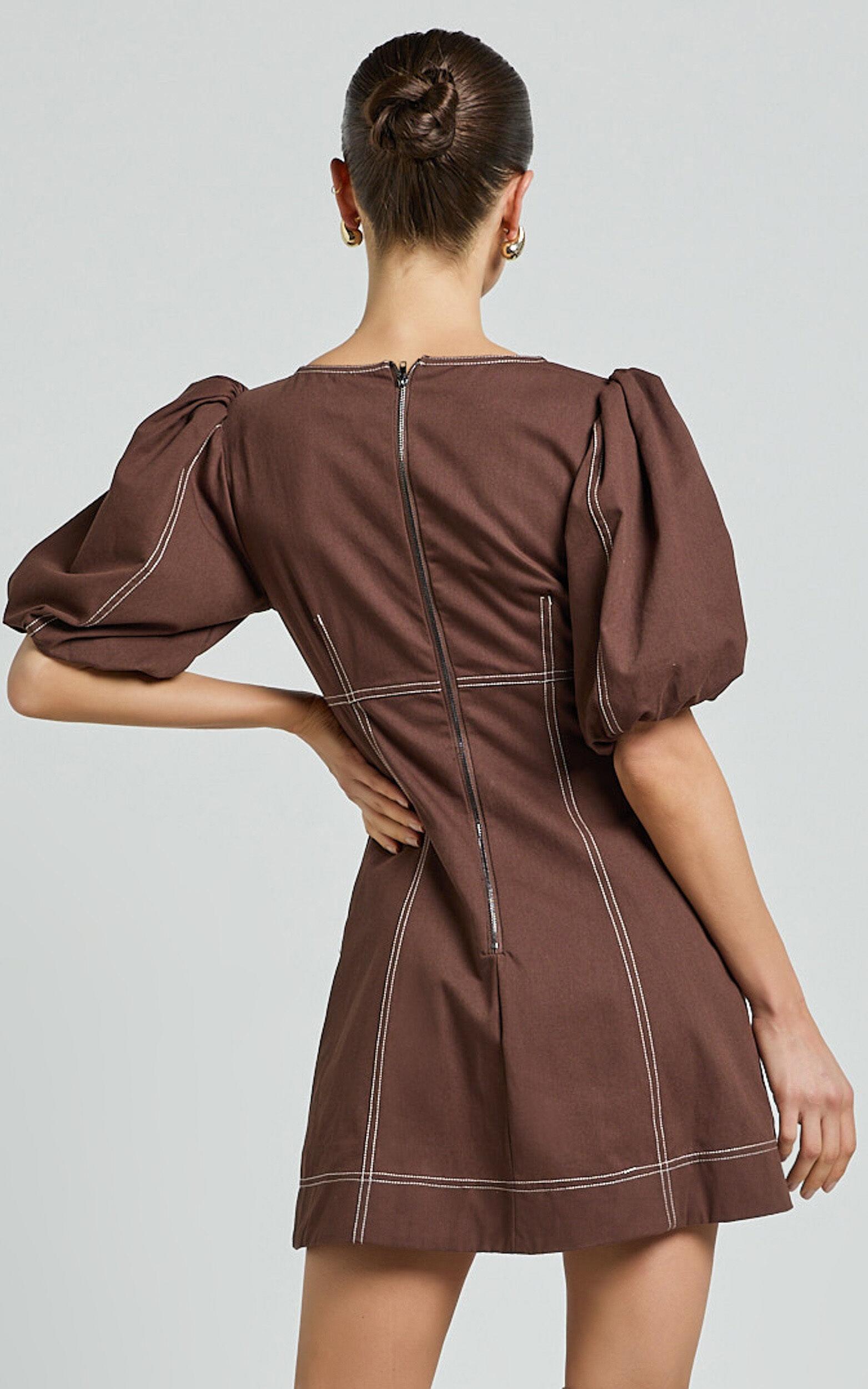 Tallie Mini Dress - Linen Puff Sleeve A Line Dress in Chocolate Product Image
