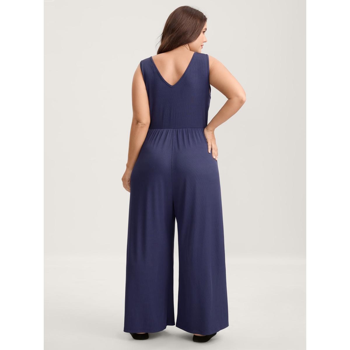 Plus Size DarkBlue Stretchy Ruched Pleated Wide-Leg Jumpsuit Women Sleeveless V-neck Everyday-Casual Loose Jumpsuits BloomChic 26/4X Product Image