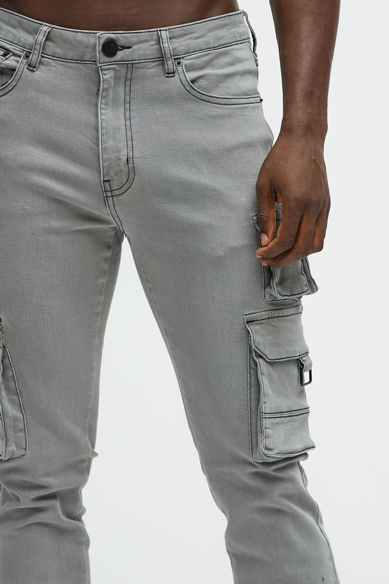 Get This Cargo Stacked Skinny Zipper Flare Jeans - Grey Product Image