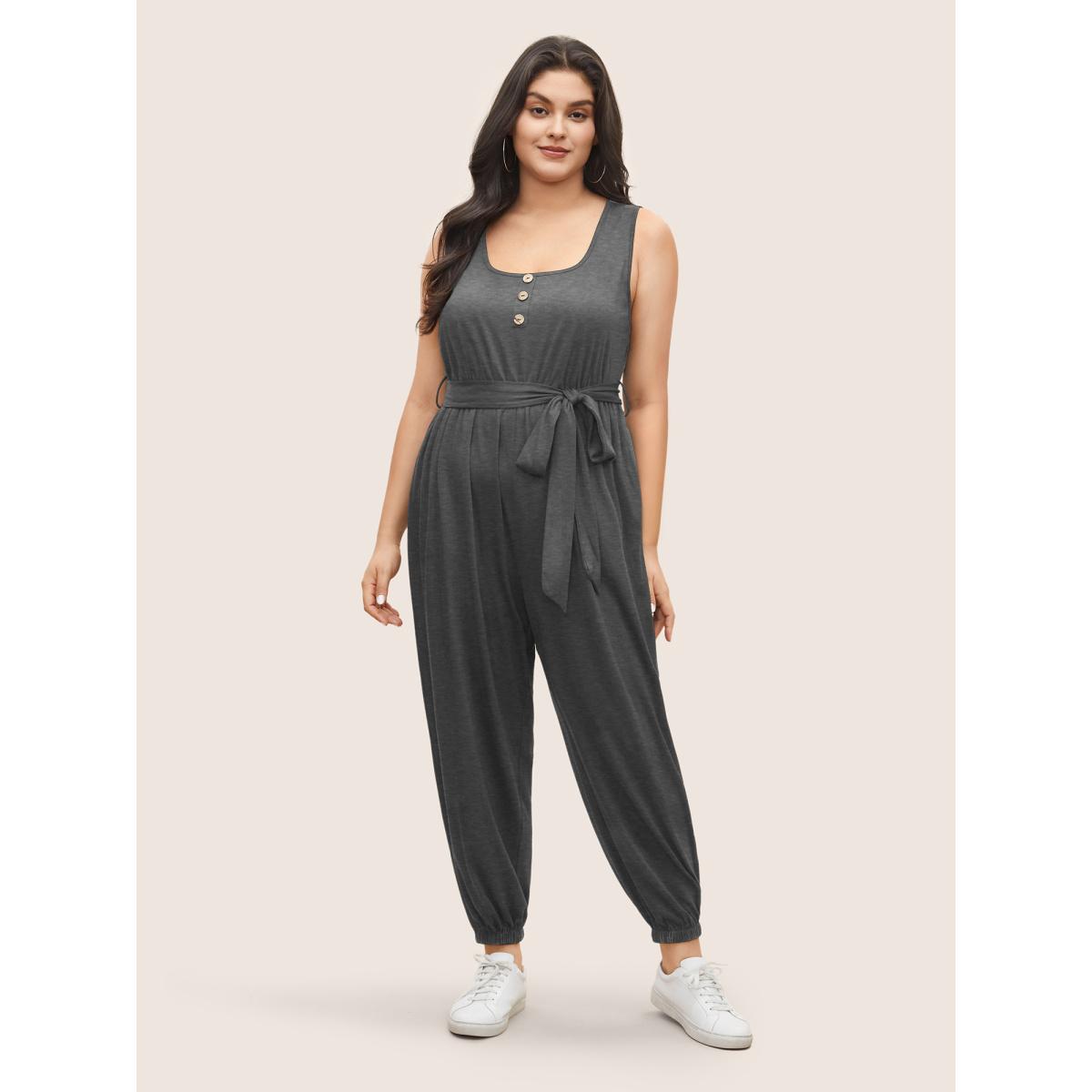 Plus Size DimGray Supersoft Essentials Plain Button Detail Belted Jumpsuit Women Casual Sleeveless Non Everyday Loose Jumpsuits BloomChic 10/M Product Image