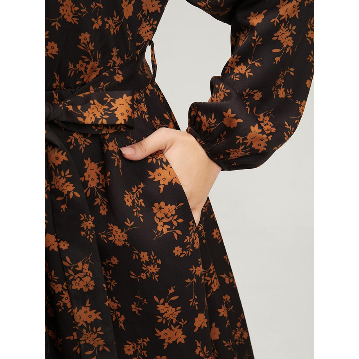 Plus Size Ditsy Floral Pocket Belted Lantern Sleeve Midi Dress Black Women Elegant Button V-neck Long Sleeve Curvy Midi Dress BloomChic 10/M Product Image