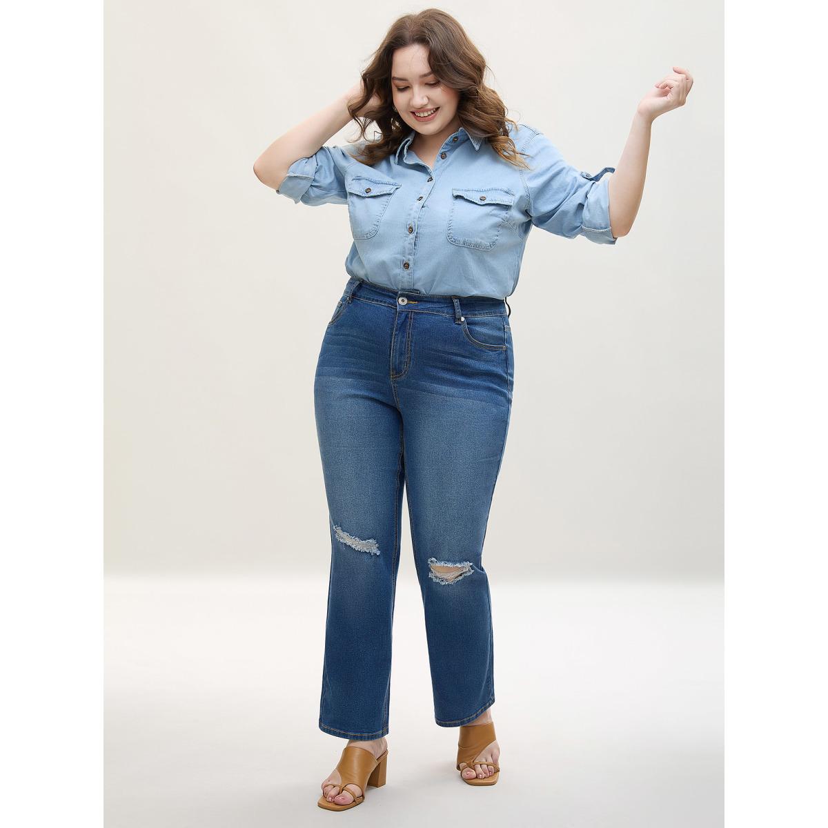 Plus Size Ripped Mid-Rise Straight-Leg Jeans Women Denimblue Casual Non Medium stretch Slanted pocket Jeans BloomChic 30/6X Product Image