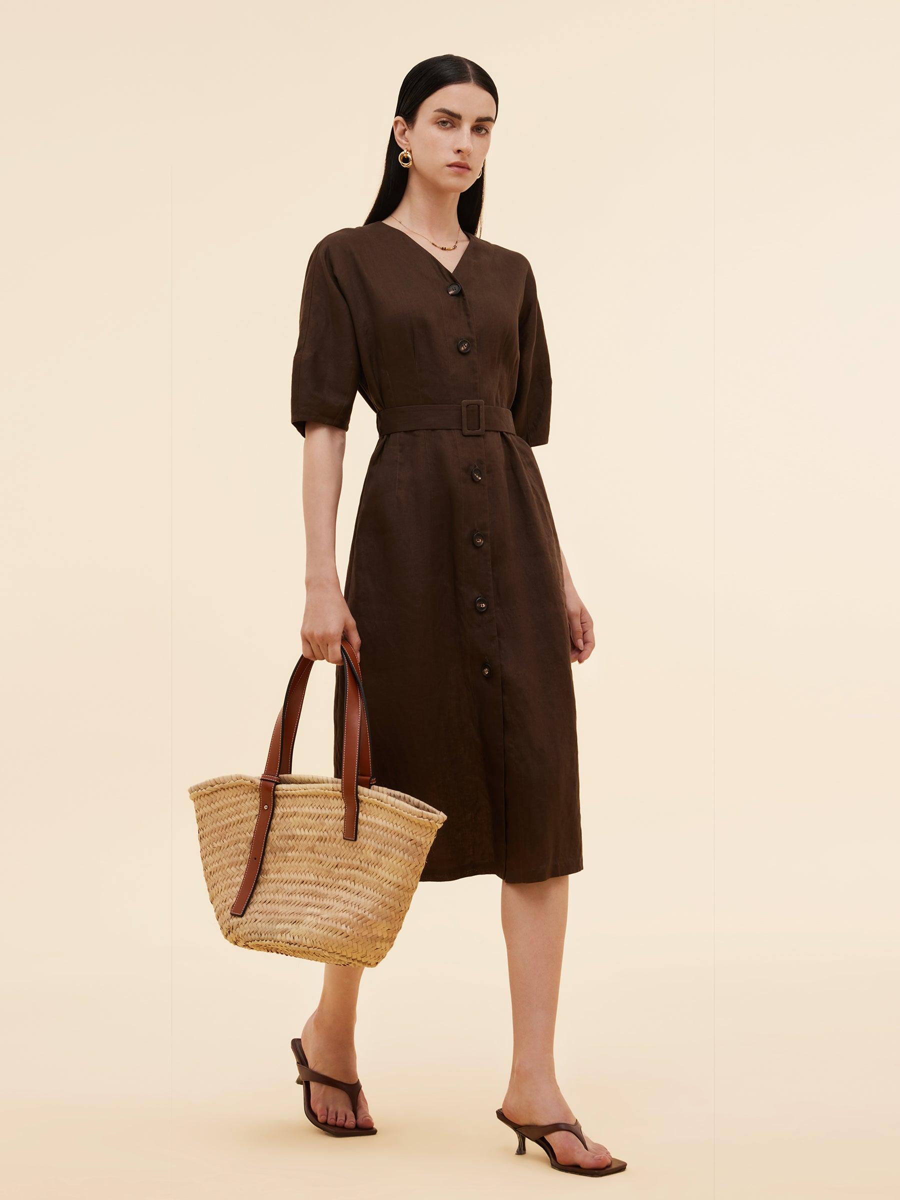 100% Linen Women V-Neck Midi Dress With Belt Product Image