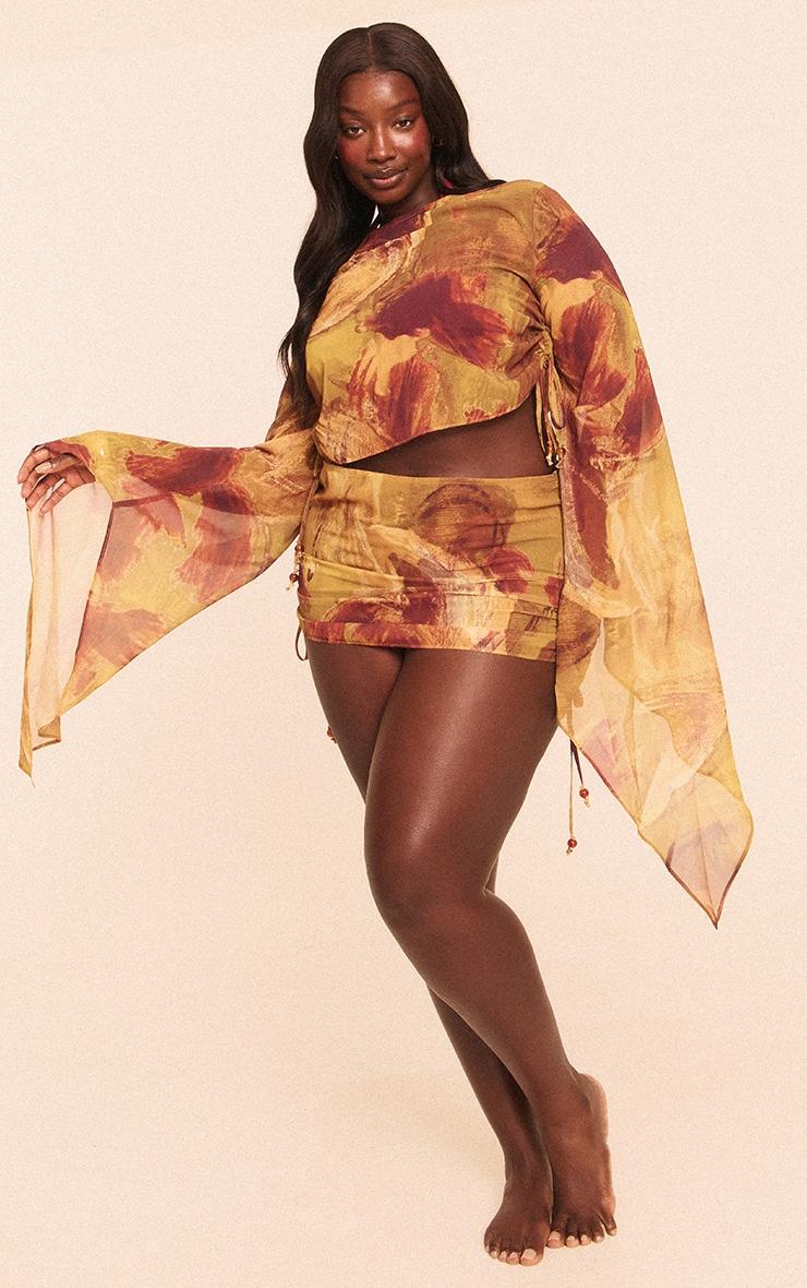 Plus Green Abstract Print Bead Trim Chiffon Beach Top Product Image