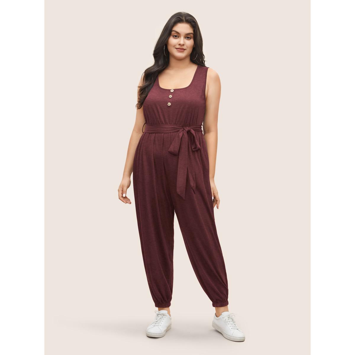 Plus Size Rust Supersoft Essentials Plain Button Detail Belted Jumpsuit Women Leisure Sleeveless Non Casual Loose Jumpsuits BloomChic 22-24/3X Product Image