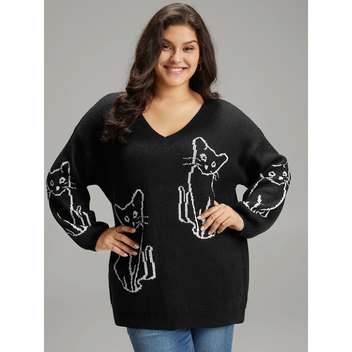 Plus Size Supersoft Essentials Cat Print V Neck Pullover Black Women Casual Long Sleeve V-neck Dailywear Pullovers BloomChic 26/4X Product Image